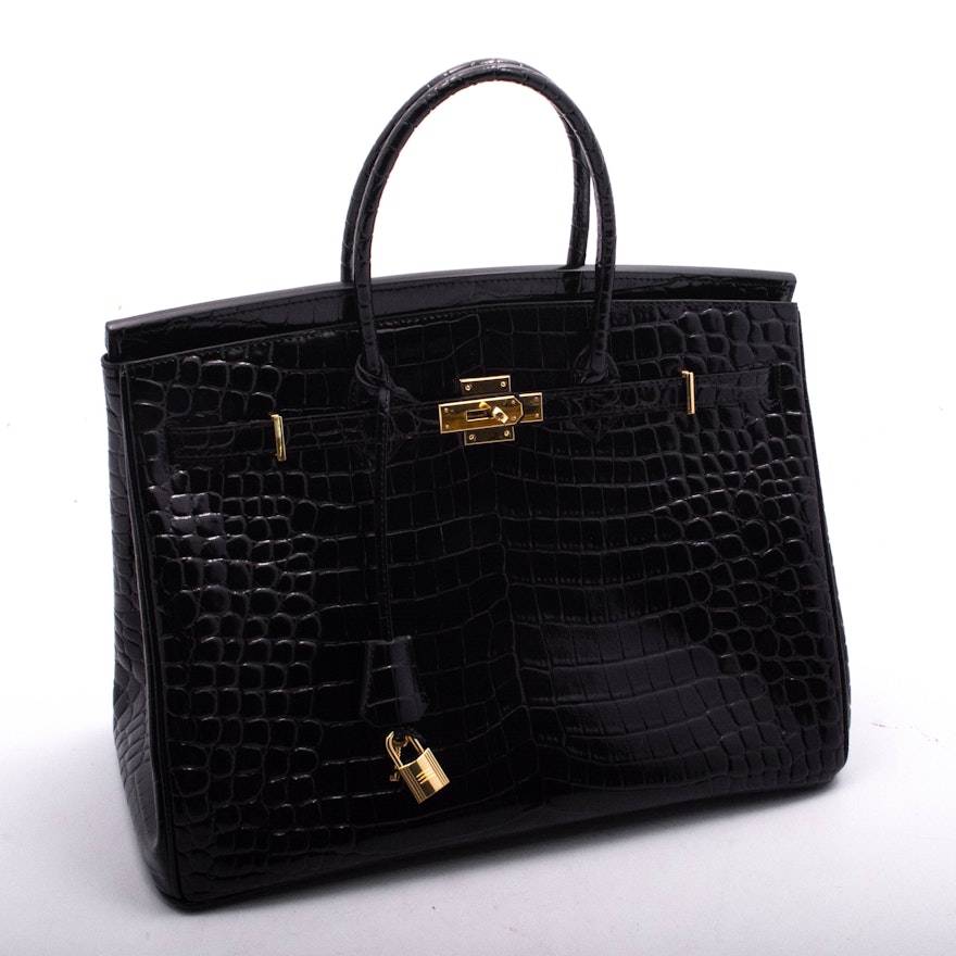 Faux Crocodile Embossed Black Patent Leather Tote