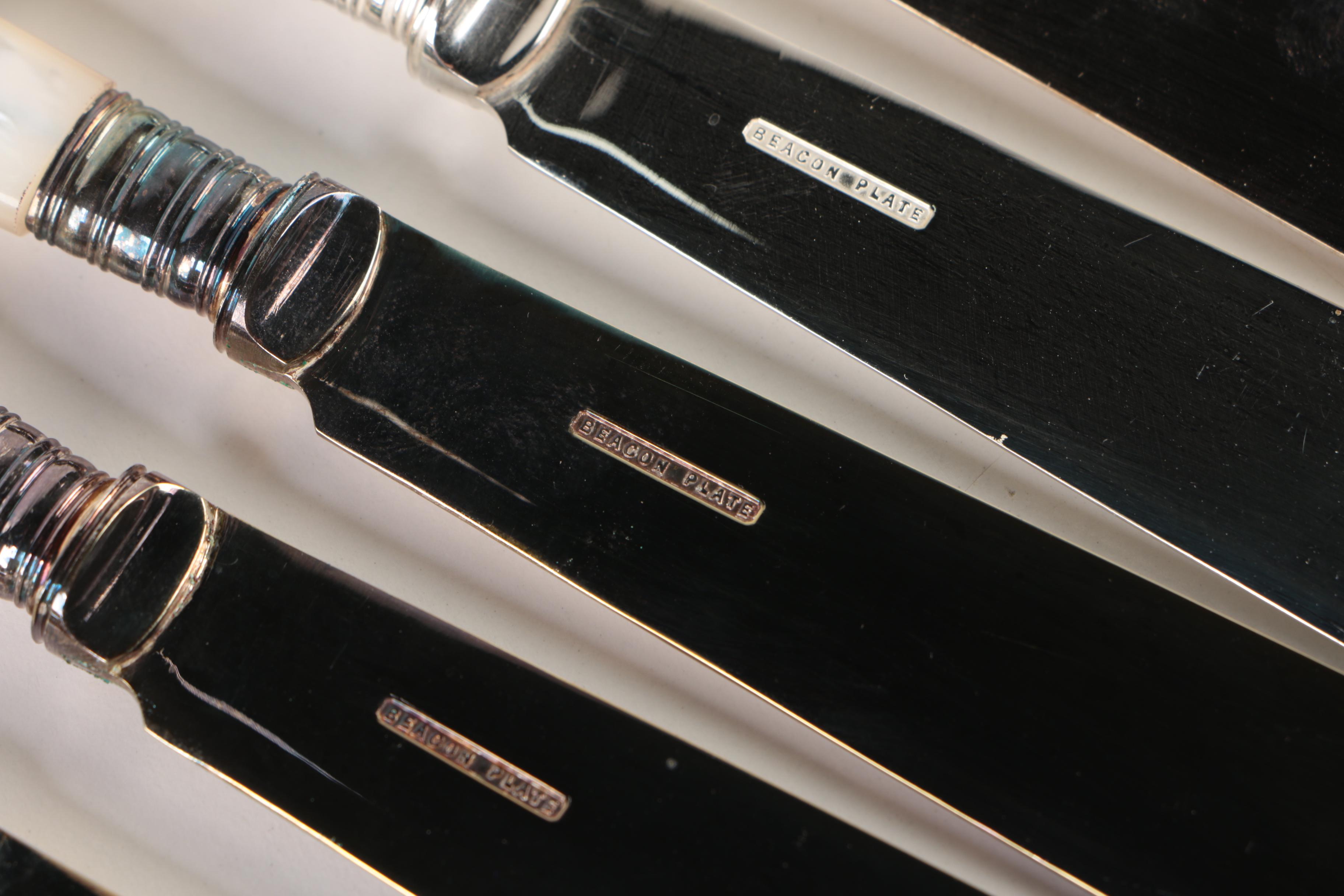 Beacon Mother of Pearl and Silver Plate Fish Fork and Knife Set with Wooden Case