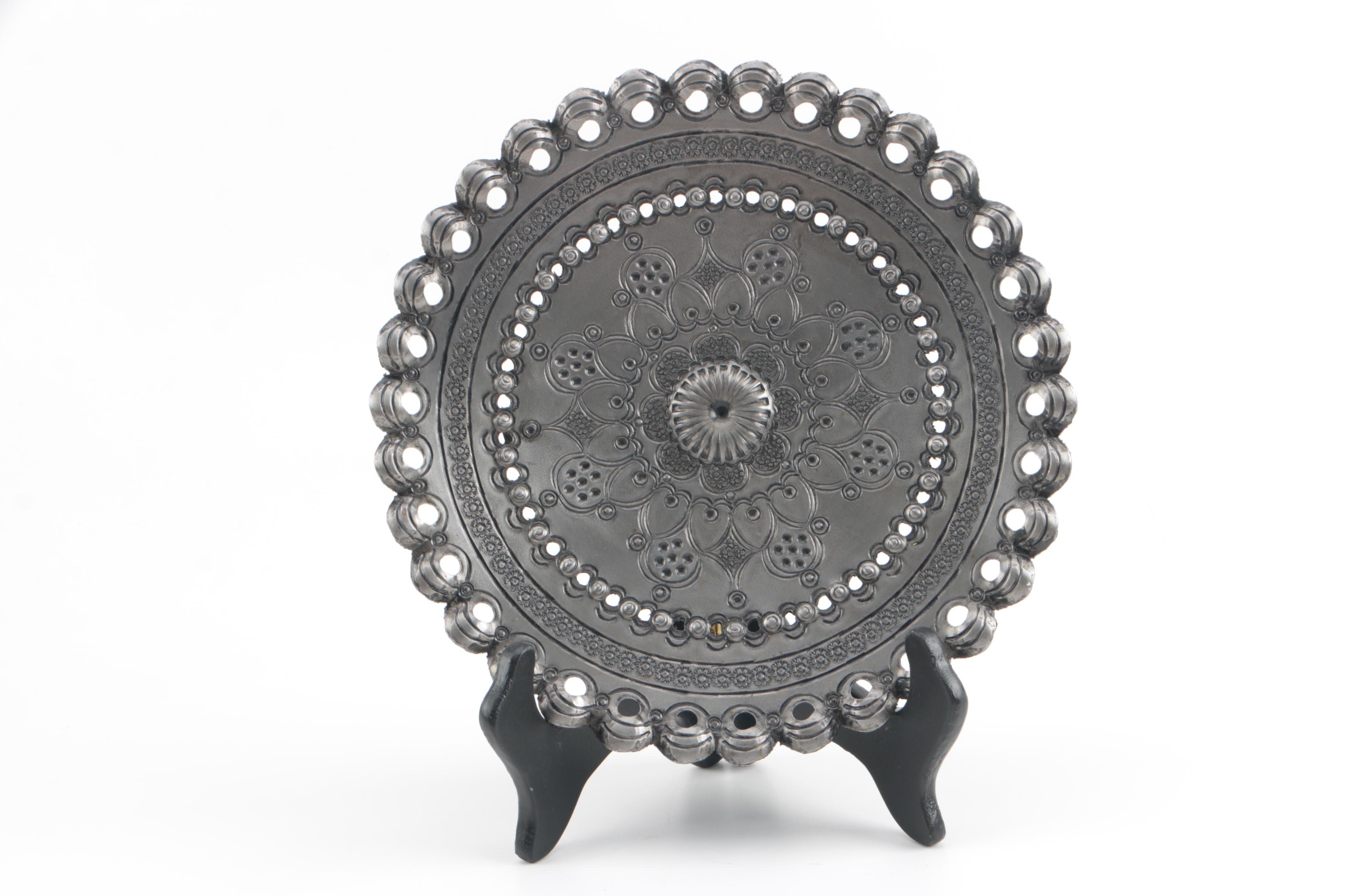 Persian Style Chased Blue Glass Teapot with Embossed Goblet, Plate and Stand