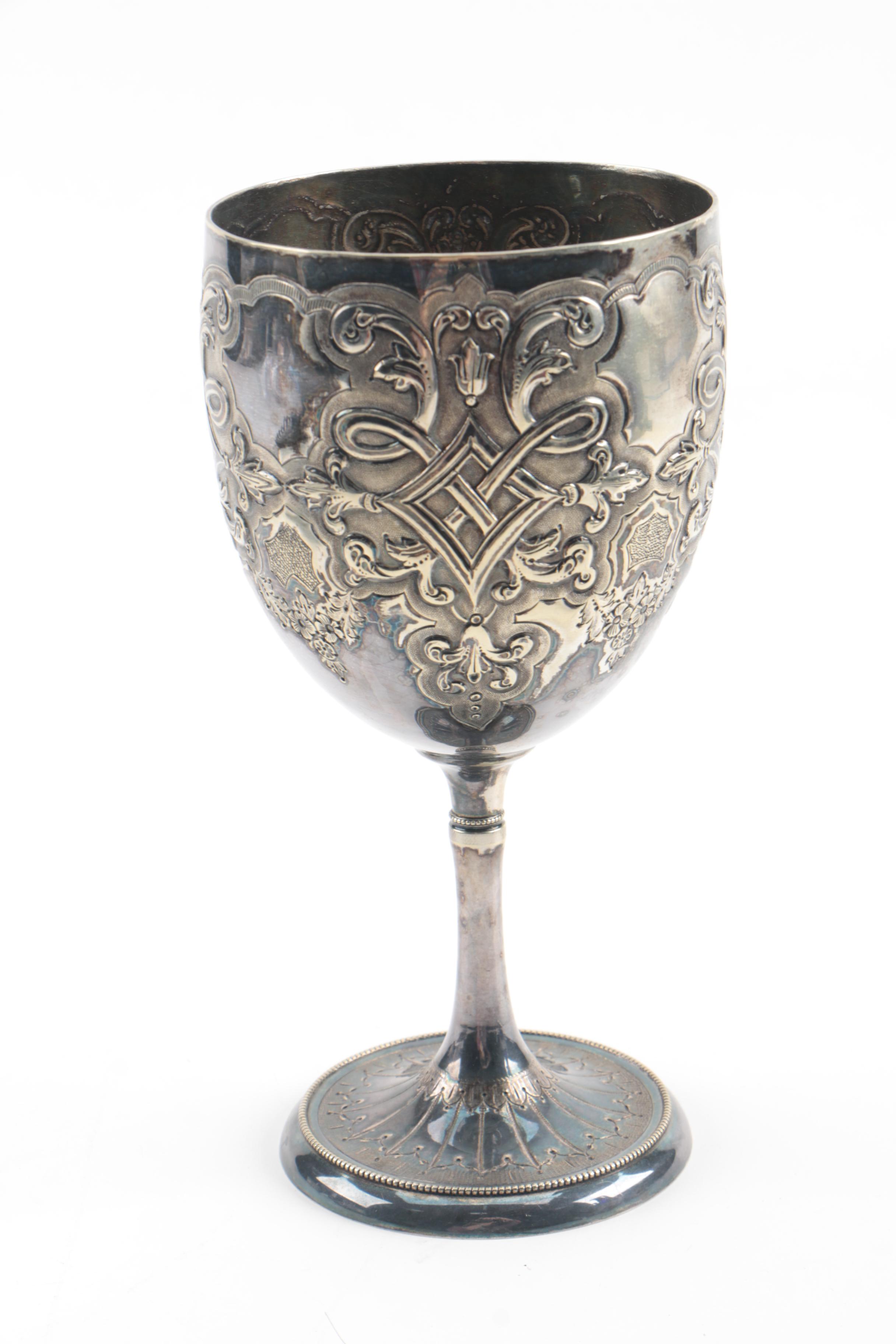 Persian Style Chased Blue Glass Teapot with Embossed Goblet, Plate and Stand