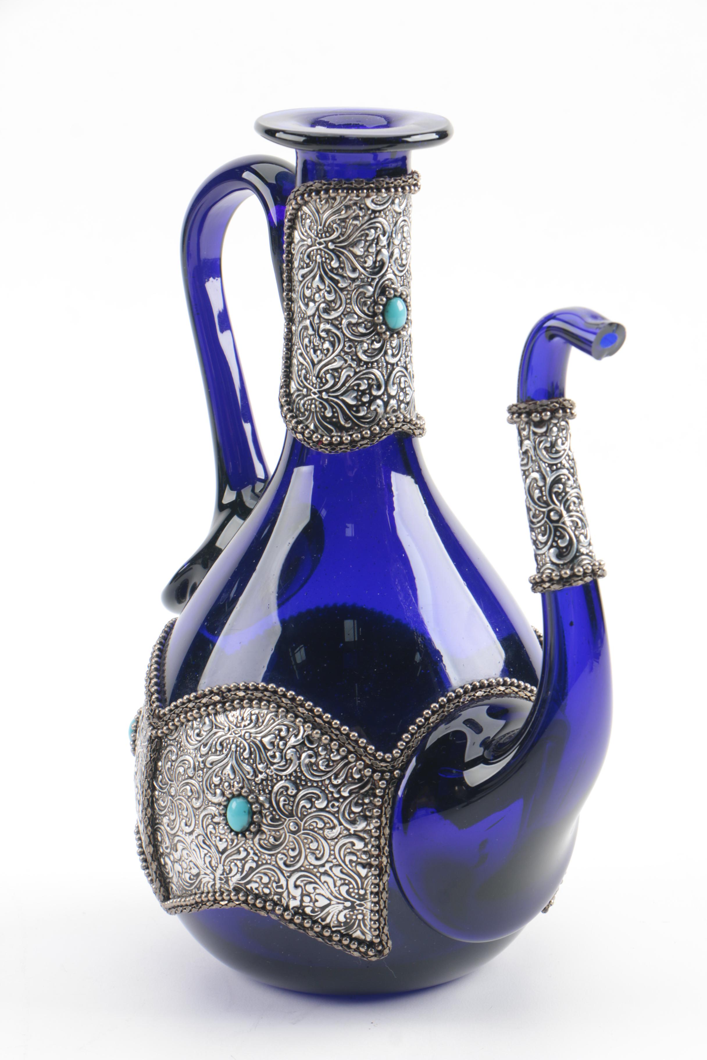 Persian Style Chased Blue Glass Teapot with Embossed Goblet, Plate and Stand