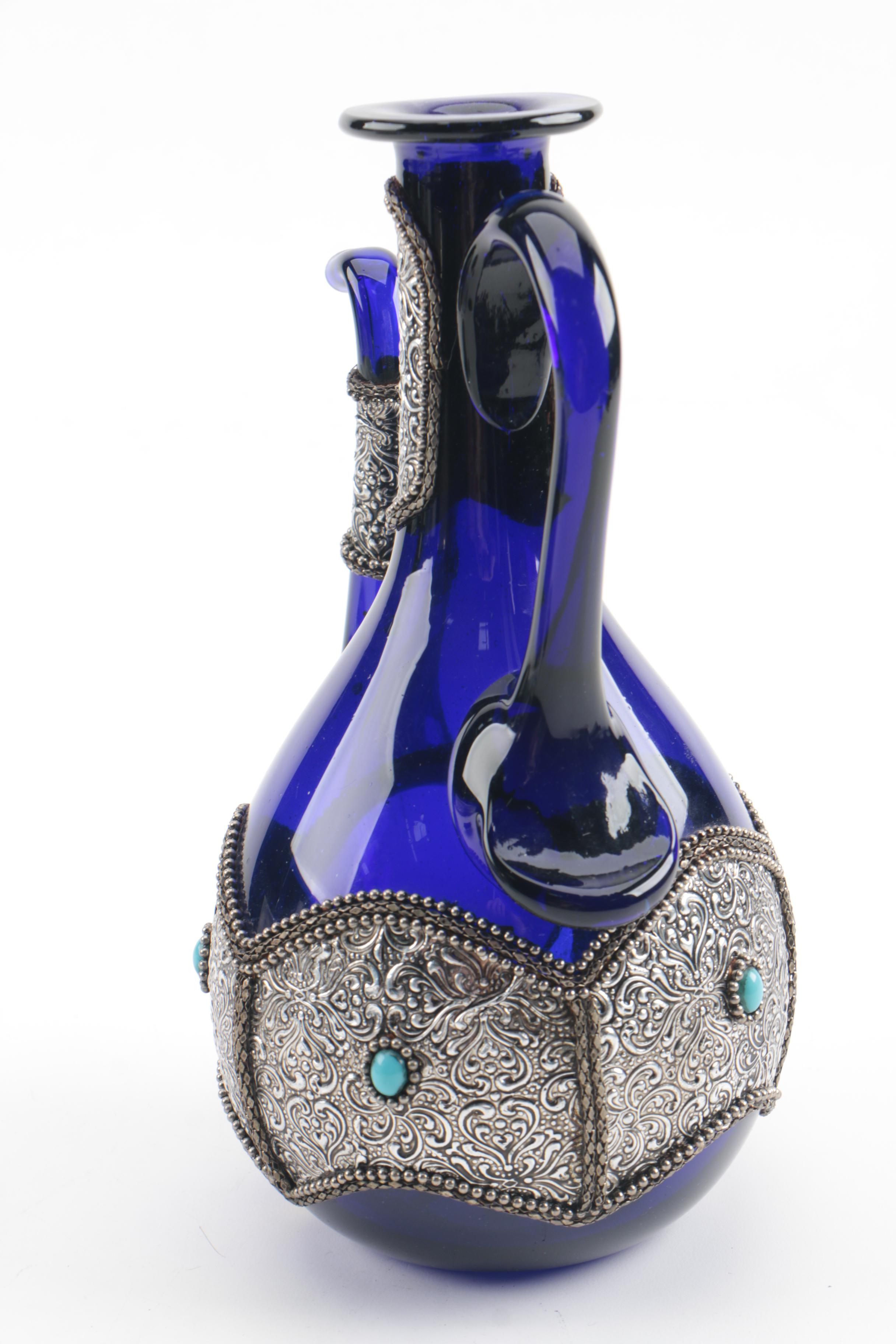 Persian Style Chased Blue Glass Teapot with Embossed Goblet, Plate and Stand