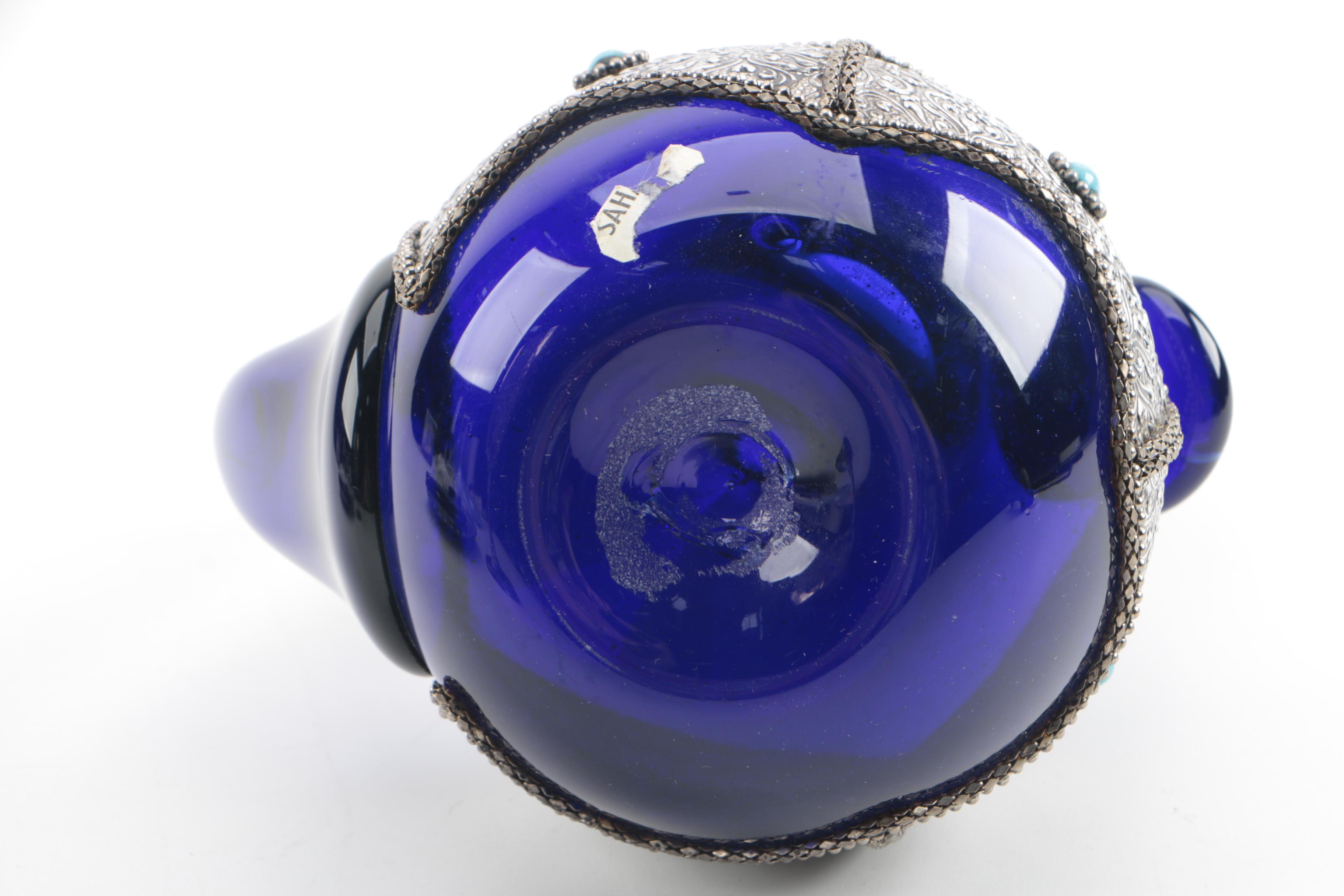 Persian Style Chased Blue Glass Teapot with Embossed Goblet, Plate and Stand