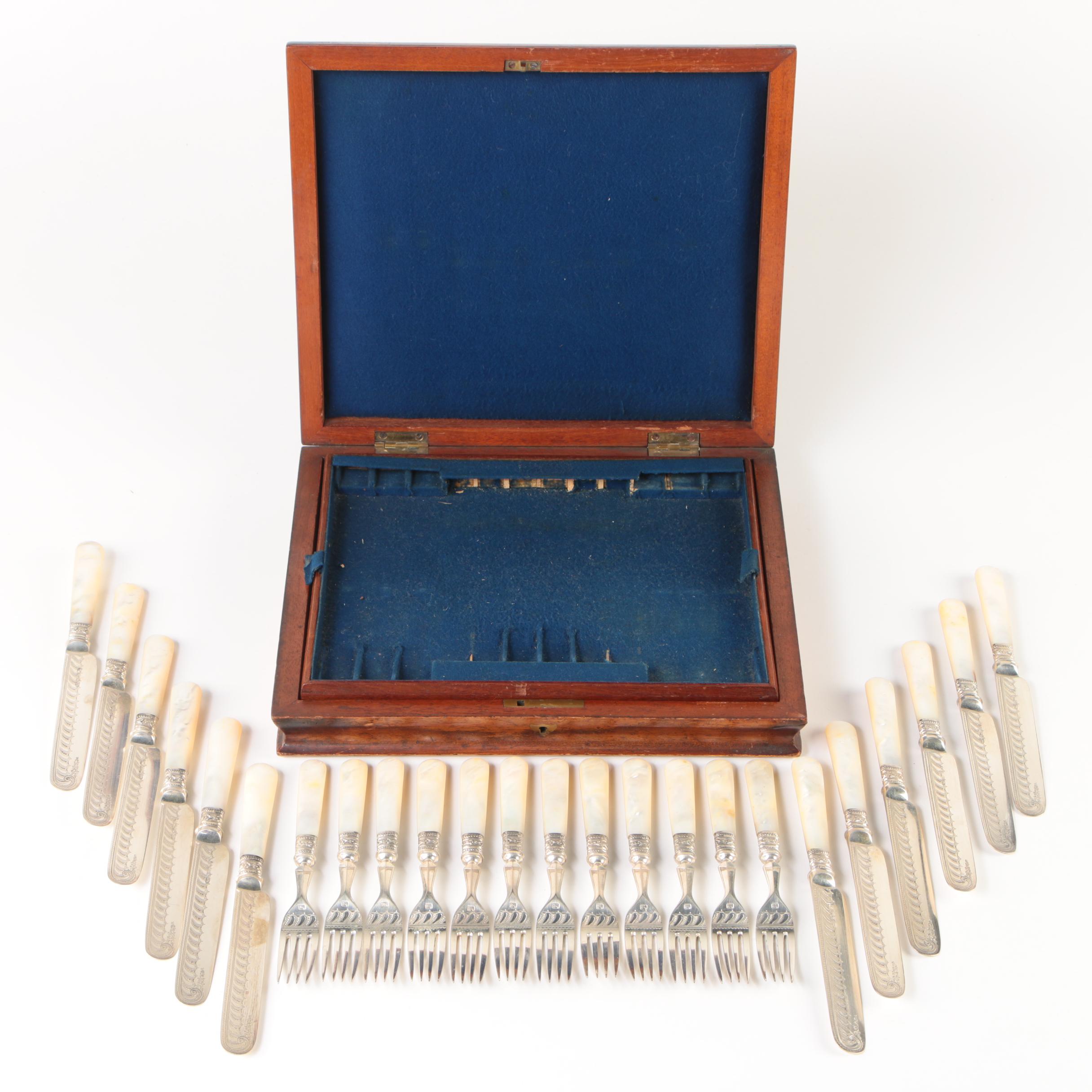 Antique Roberts & Belk Mother of Pearl and Silver Plate Fork and Knife Set