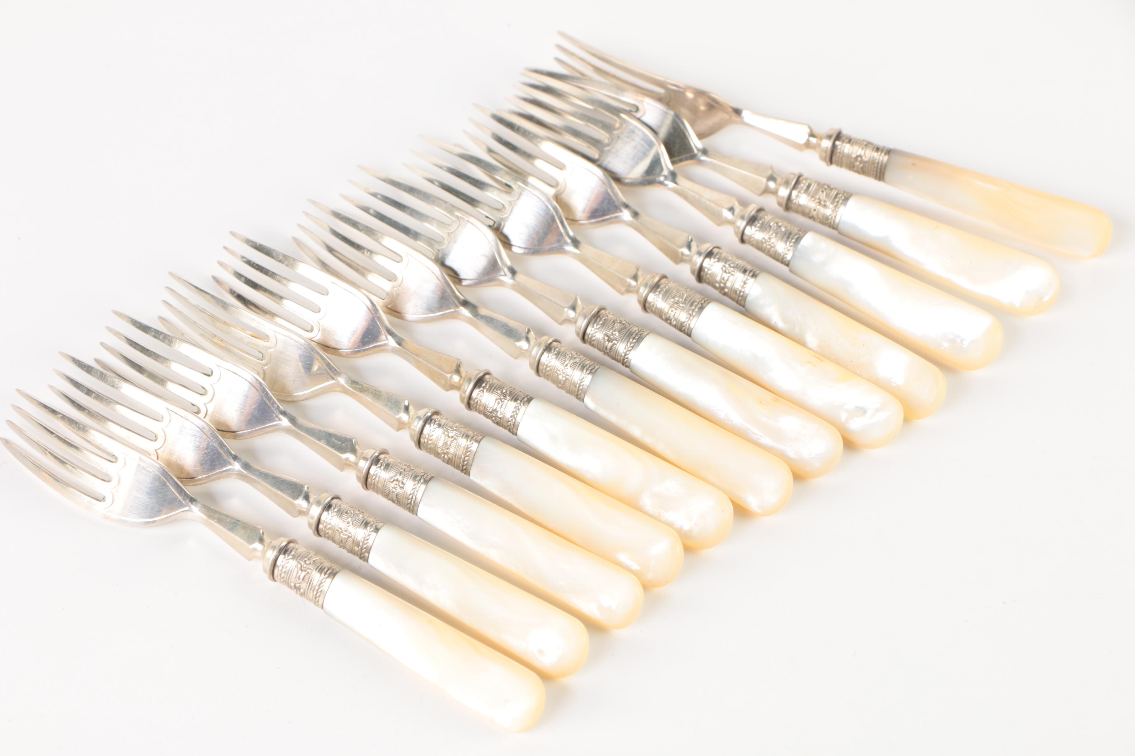 Antique Roberts & Belk Mother of Pearl and Silver Plate Fork and Knife Set