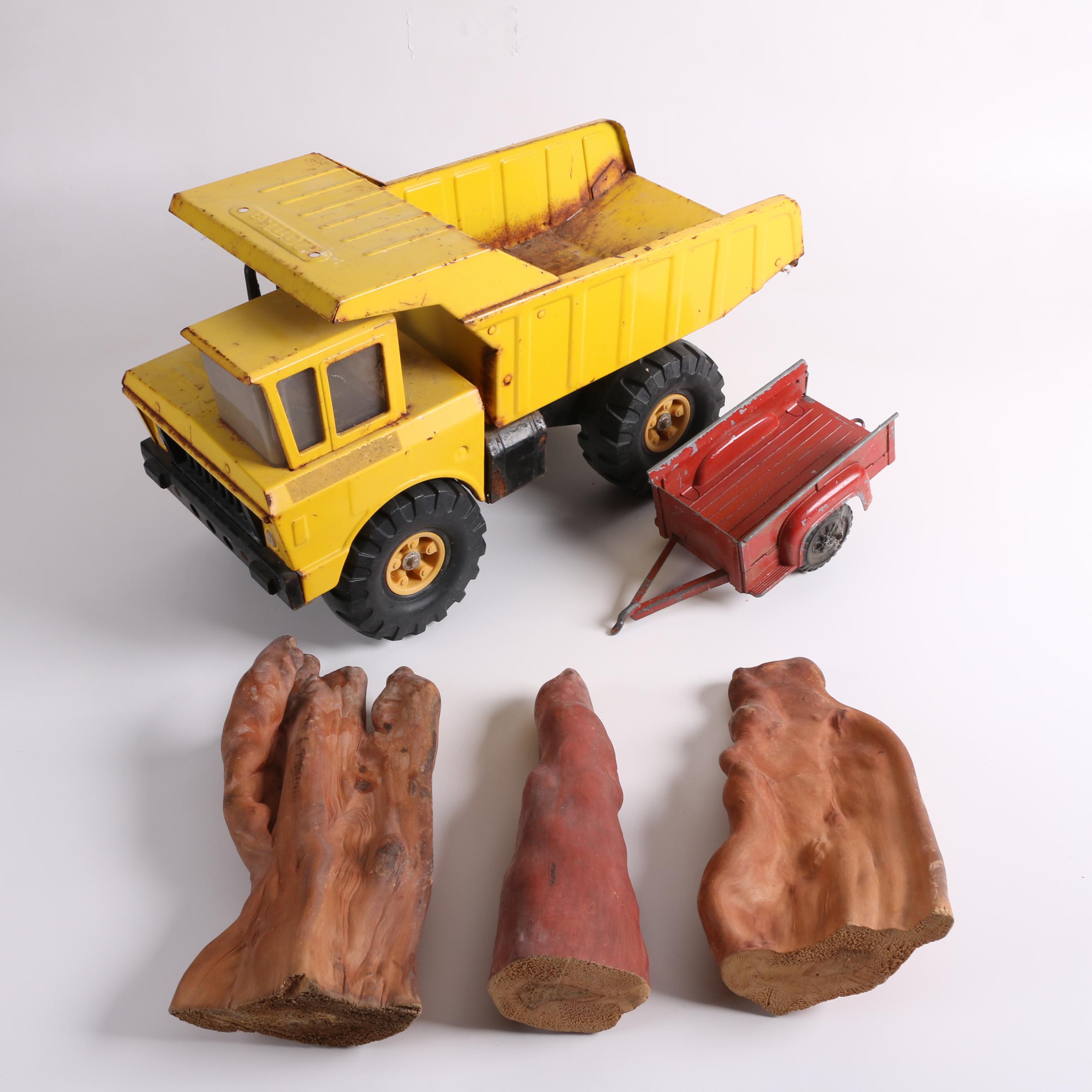 Vintage Tonka Dump Truck, Hubley Trailer, and Cypress Kness