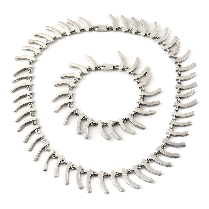 Mexican Sterling Silver Fringe Motif Necklace and Bracelet