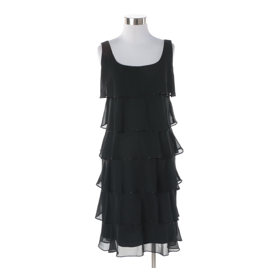 Patra Bead Trim Tiered Black Sleeveless Cocktail Dress