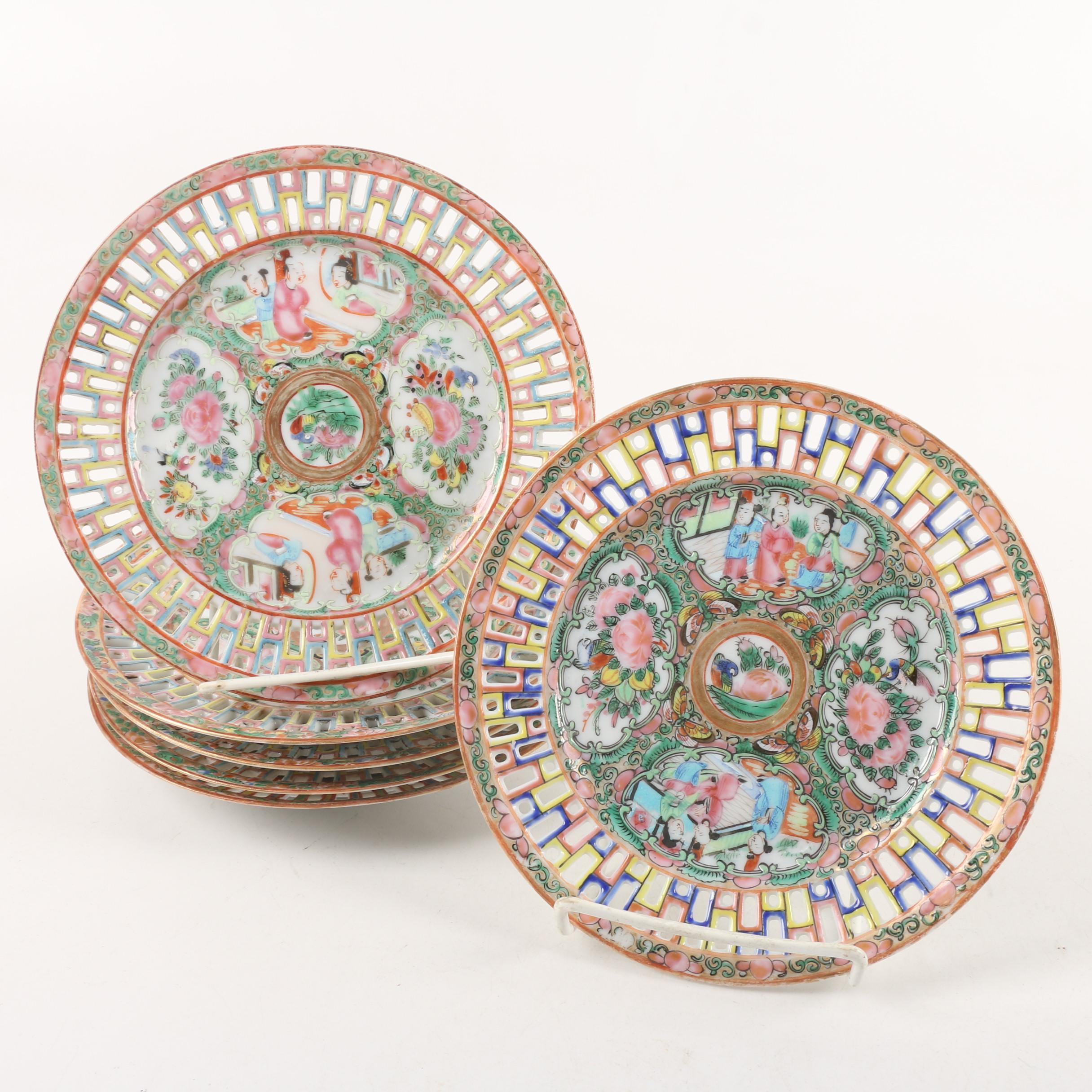 Vintage Chinese Rose Medallion Reticulated Porcelain Plates