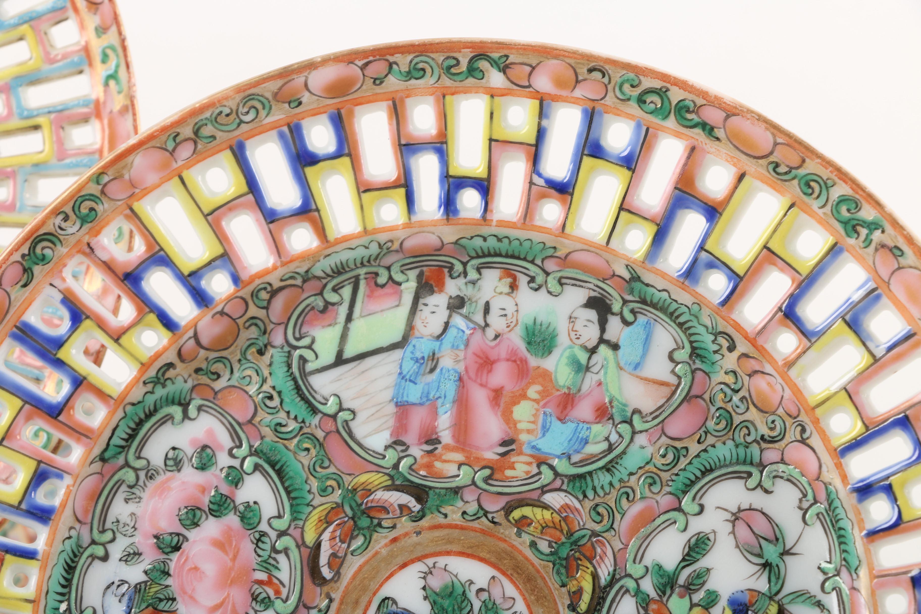 Vintage Chinese Rose Medallion Reticulated Porcelain Plates