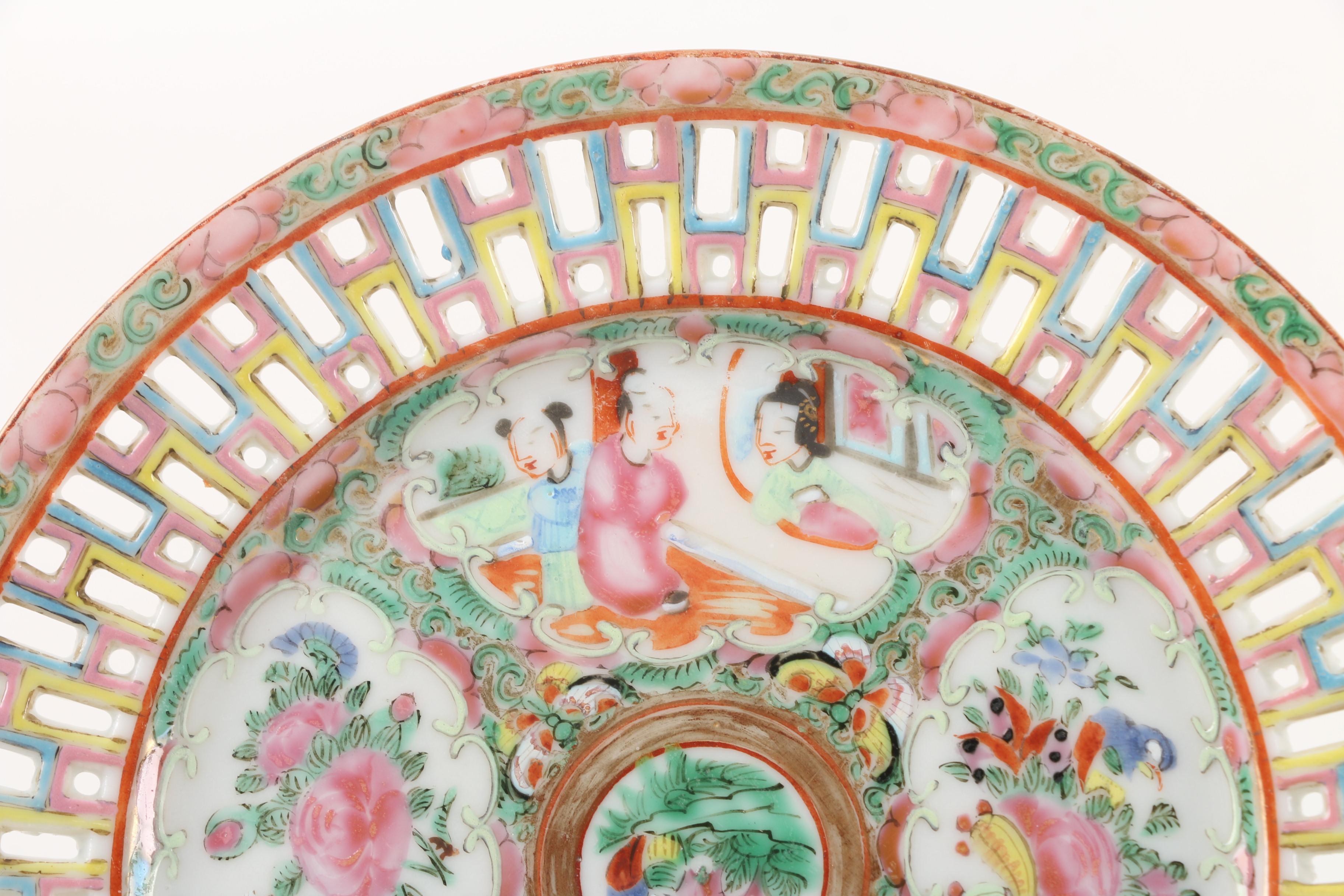 Vintage Chinese Rose Medallion Reticulated Porcelain Plates