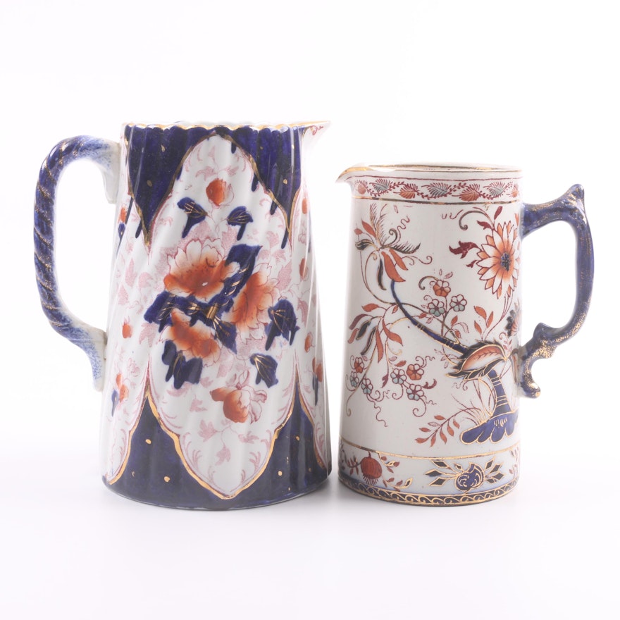 Antique English Imari Hand-Embellished Ironstone Pitchers