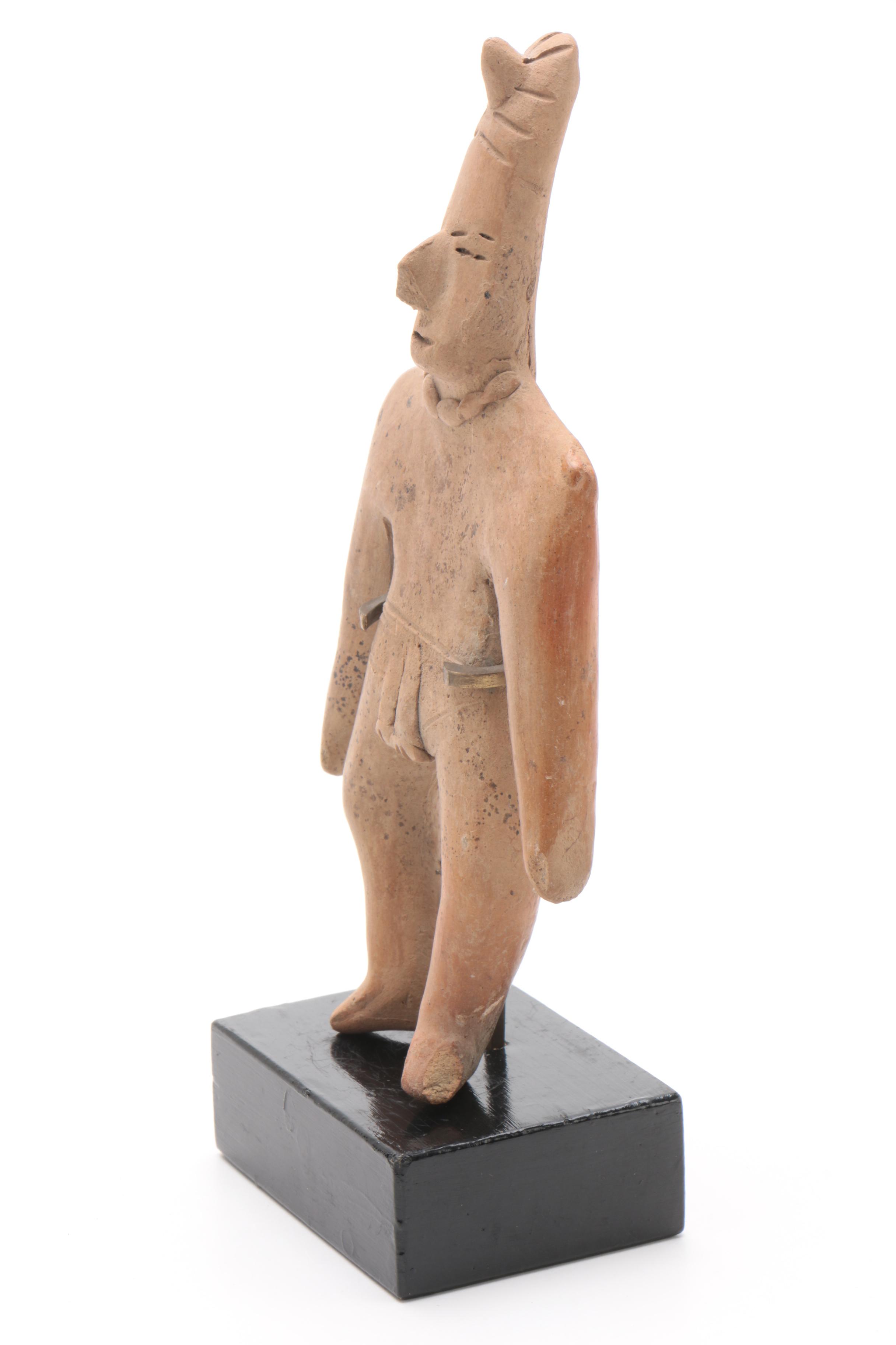 Mesoamerican Themed Clay Sculpture on Wood Base