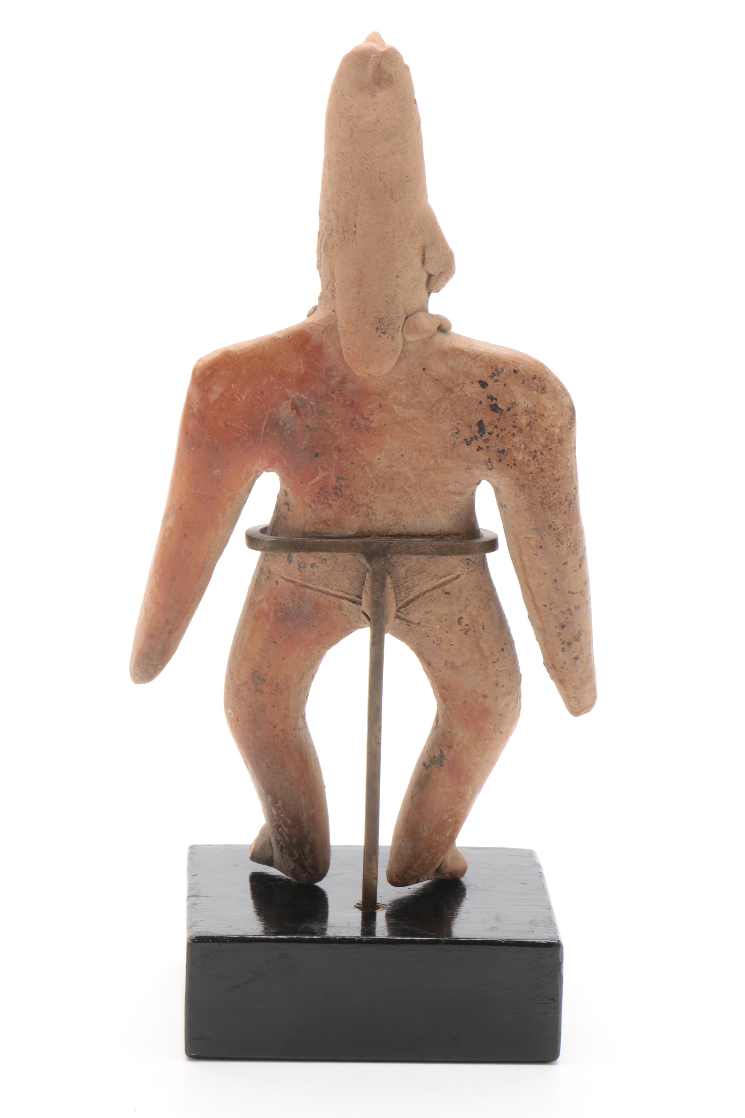 Mesoamerican Themed Clay Sculpture on Wood Base