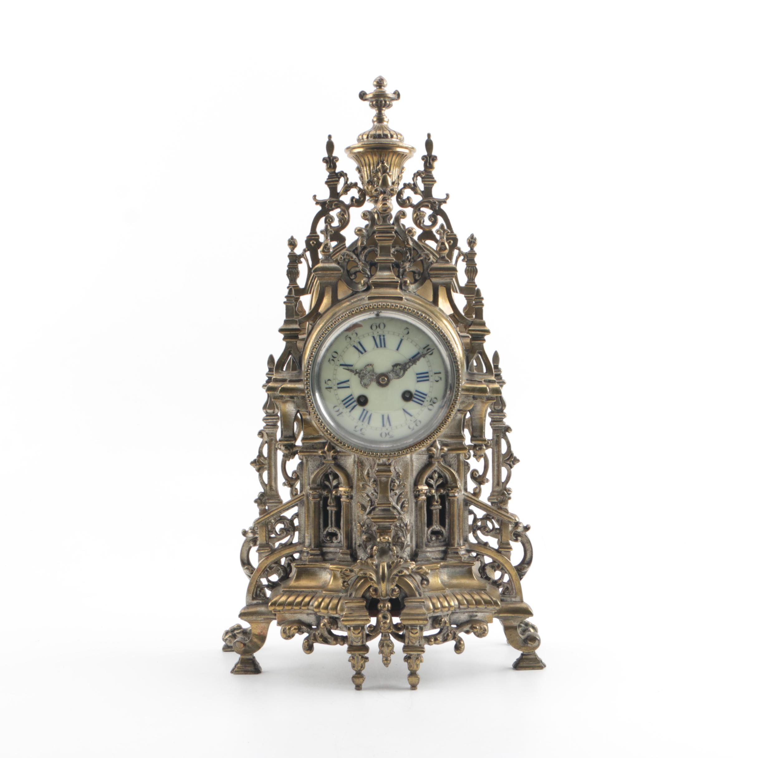 Antique French Rococo Style Brass Cathedral Mantel Clock