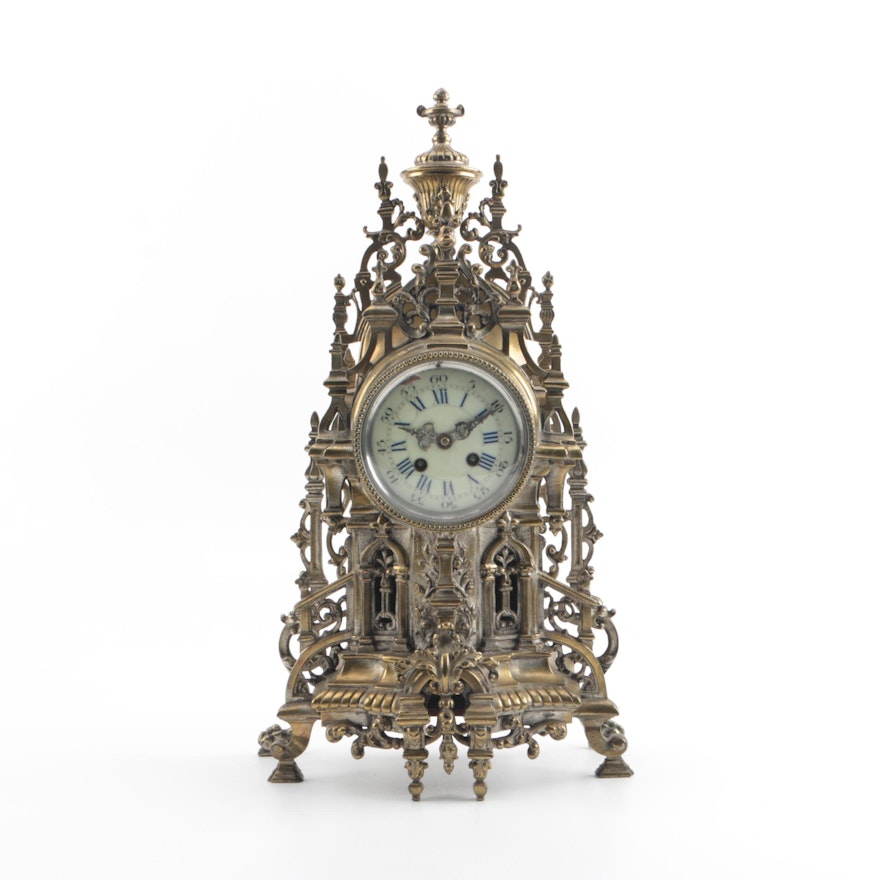 Antique French Rococo Style Brass Cathedral Mantel Clock