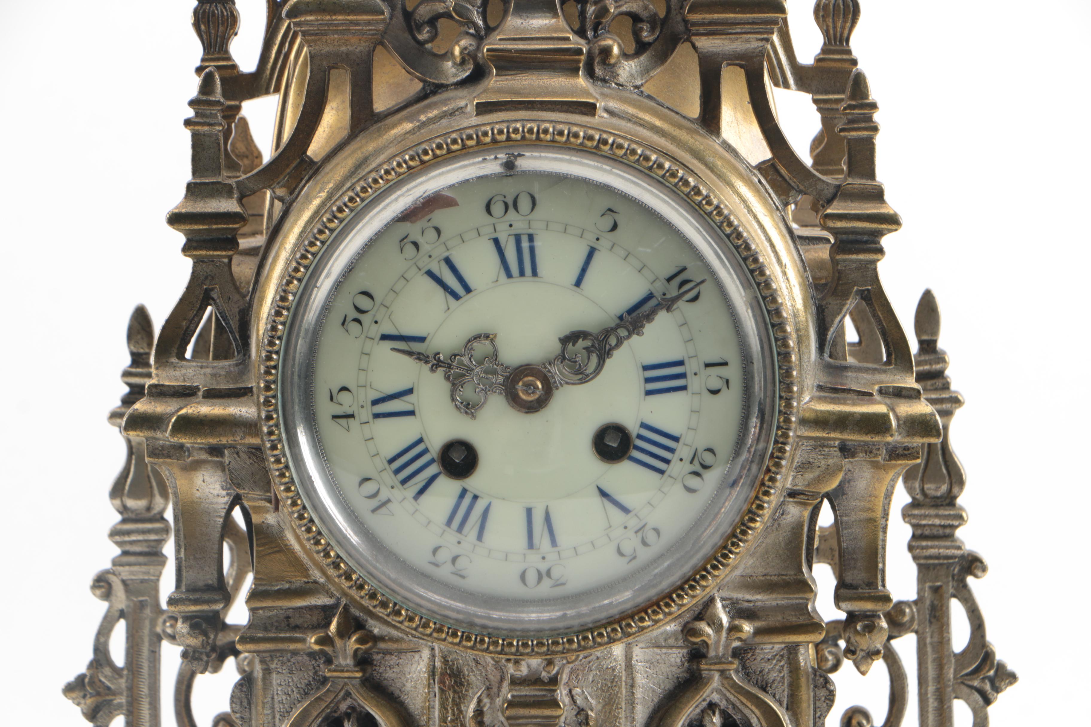 Antique French Rococo Style Brass Cathedral Mantel Clock