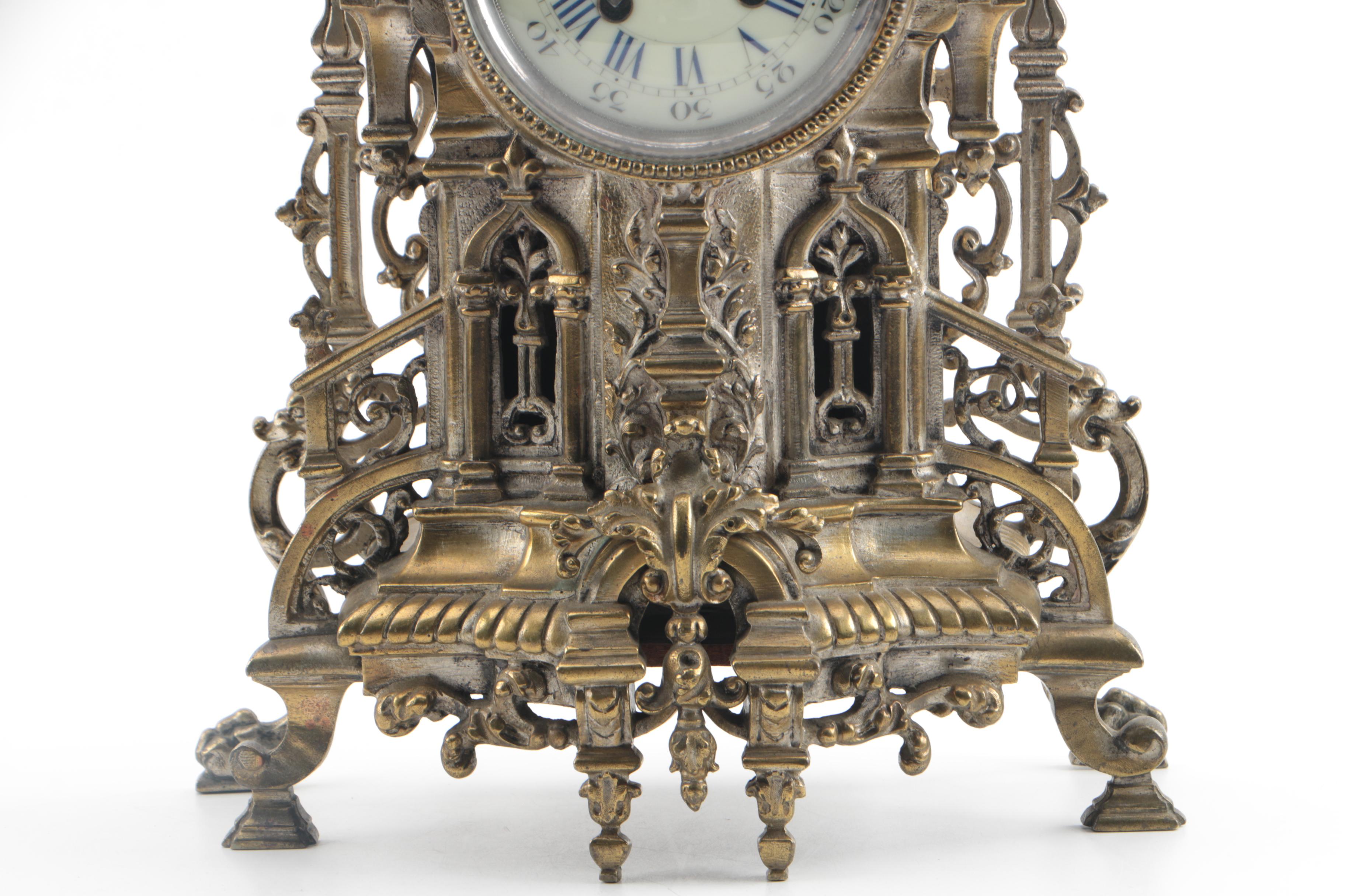 Antique French Rococo Style Brass Cathedral Mantel Clock
