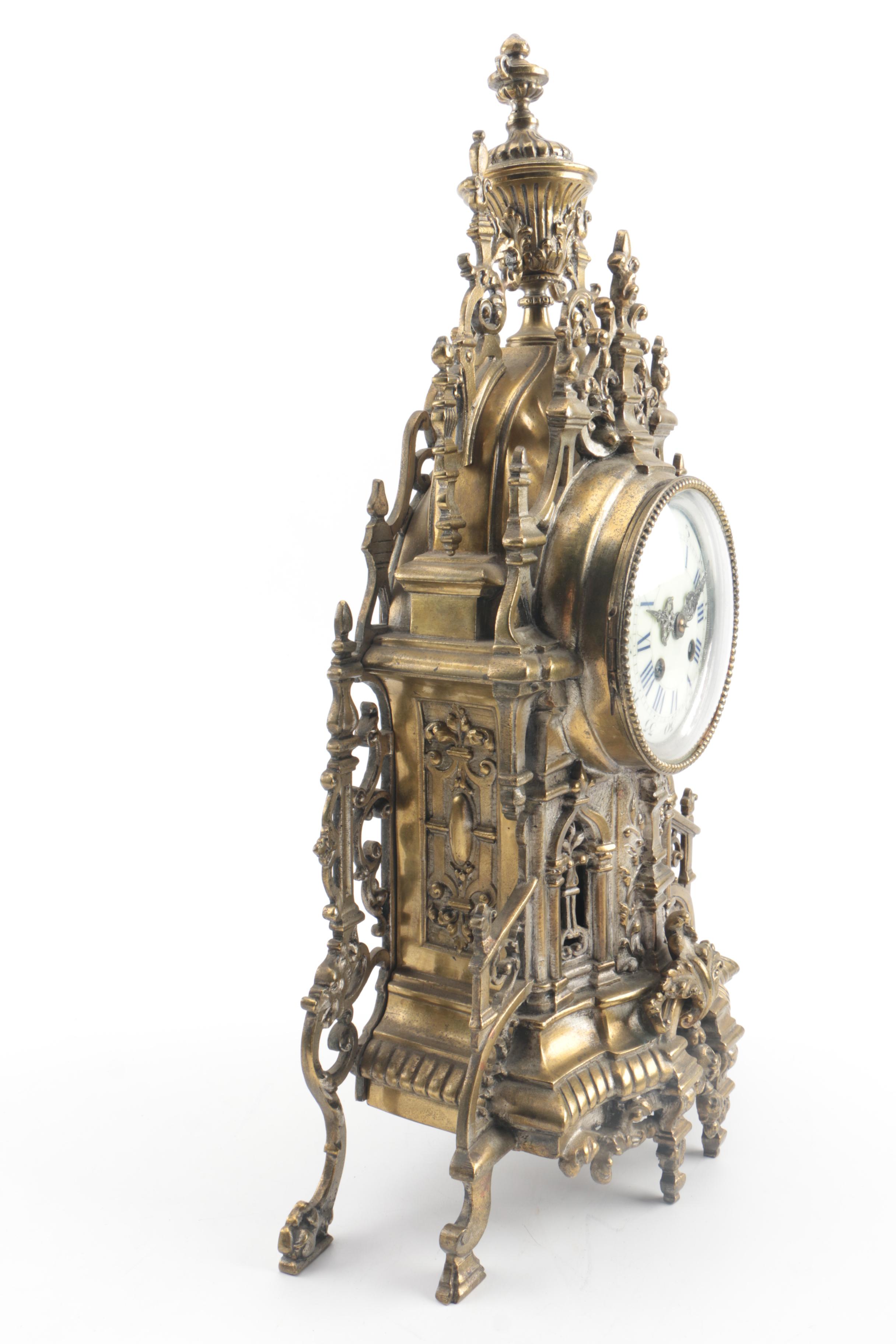 Antique French Rococo Style Brass Cathedral Mantel Clock