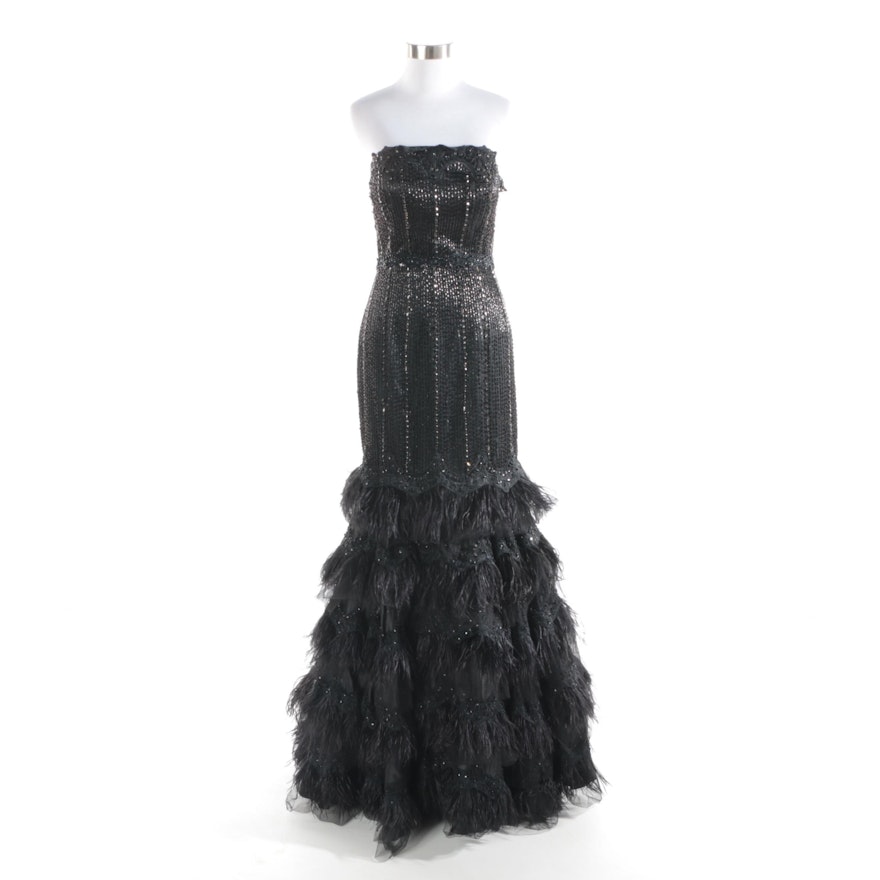 Mac Duggal Couture Beaded Black Strapless Gown with Tiered Ostrich Feathers