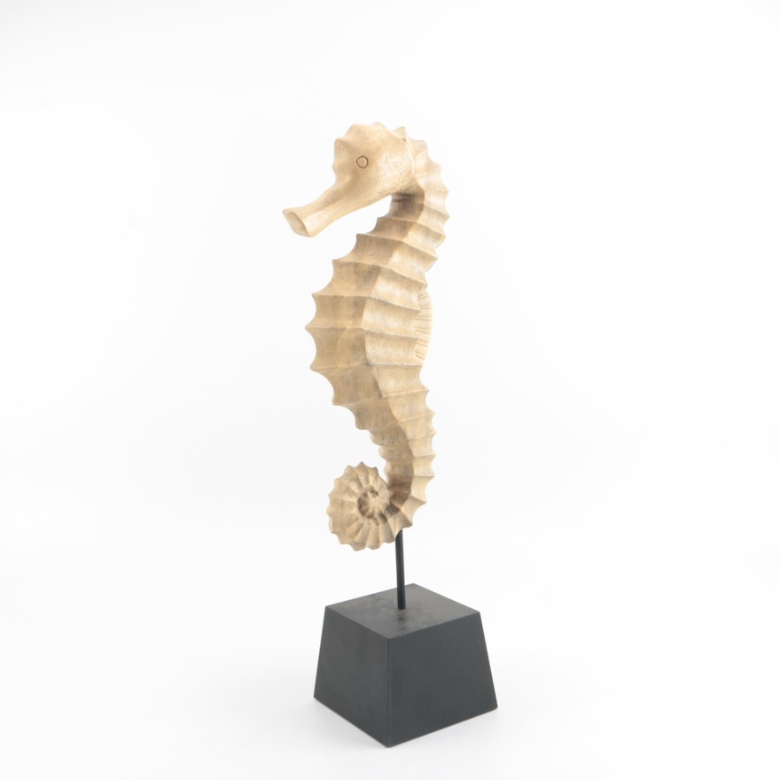 Large Carved Wood Seahorse Sculpture on Display Stand