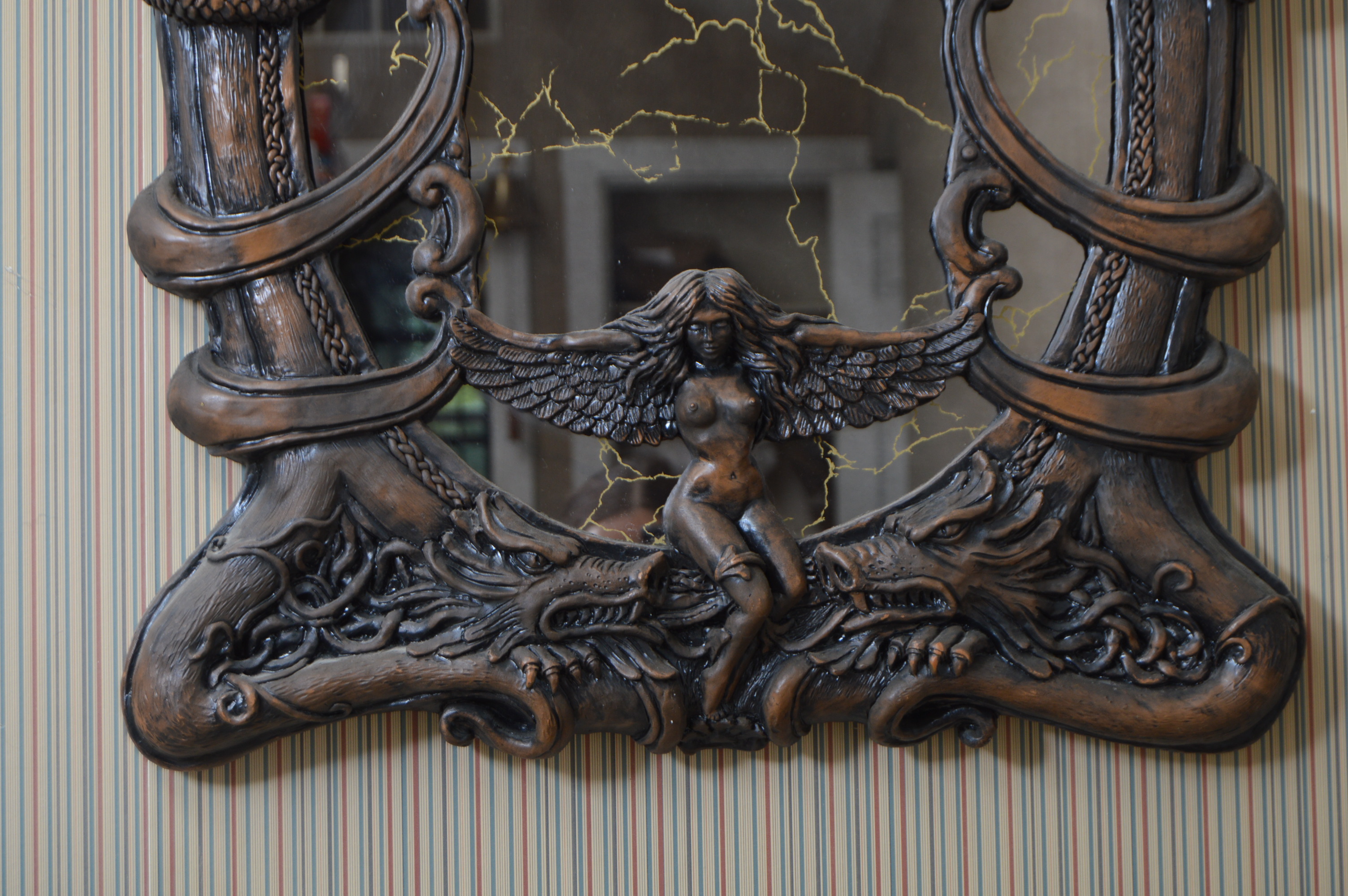 Gothic Fantasy Style Wall Mirror with Dragons, Winged Nude