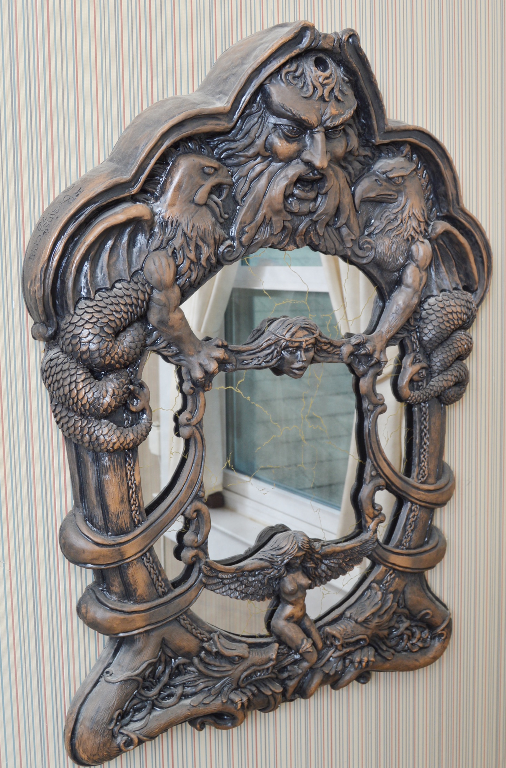 Gothic Fantasy Style Wall Mirror with Dragons, Winged Nude