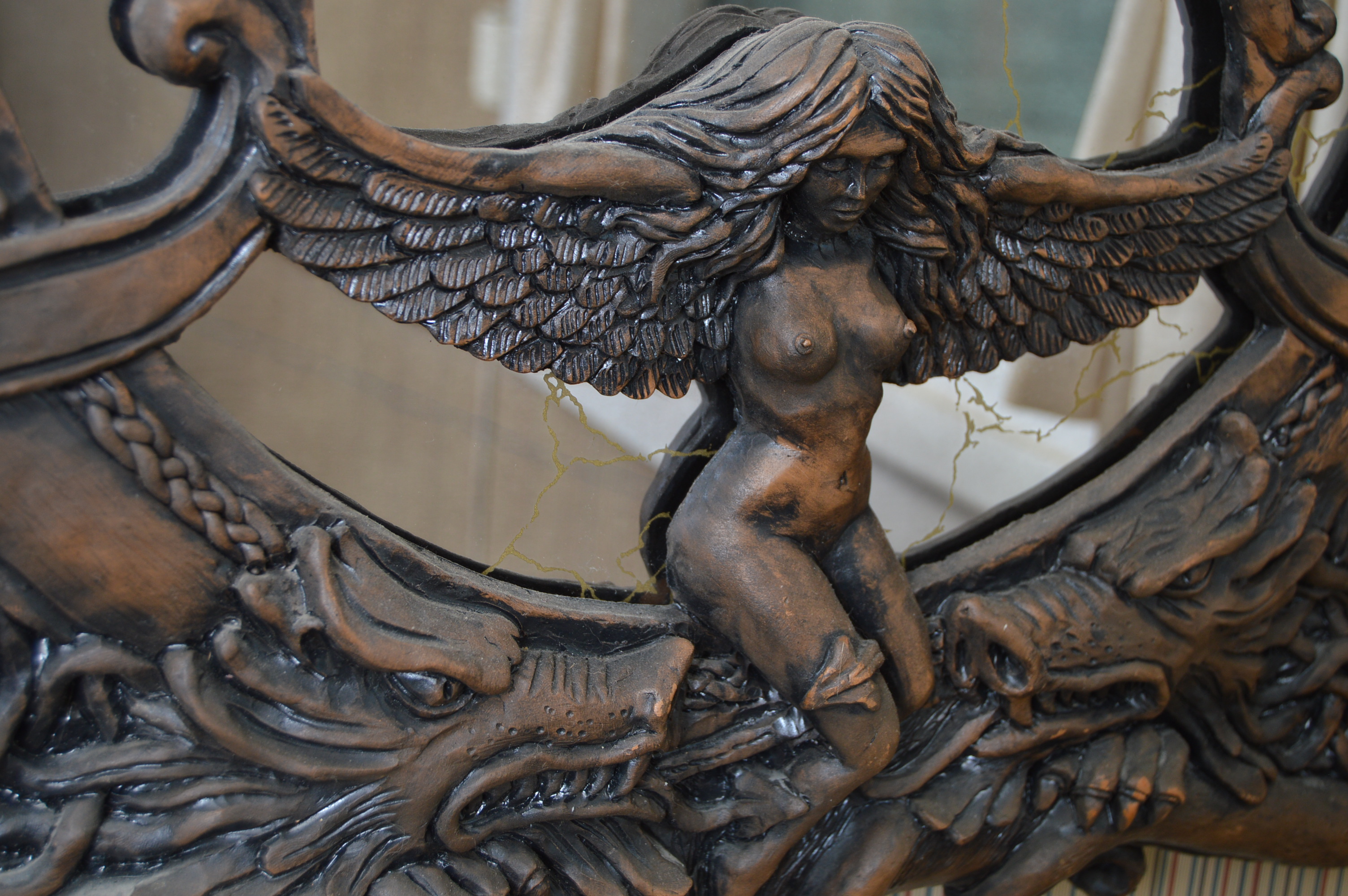 Gothic Fantasy Style Wall Mirror with Dragons, Winged Nude