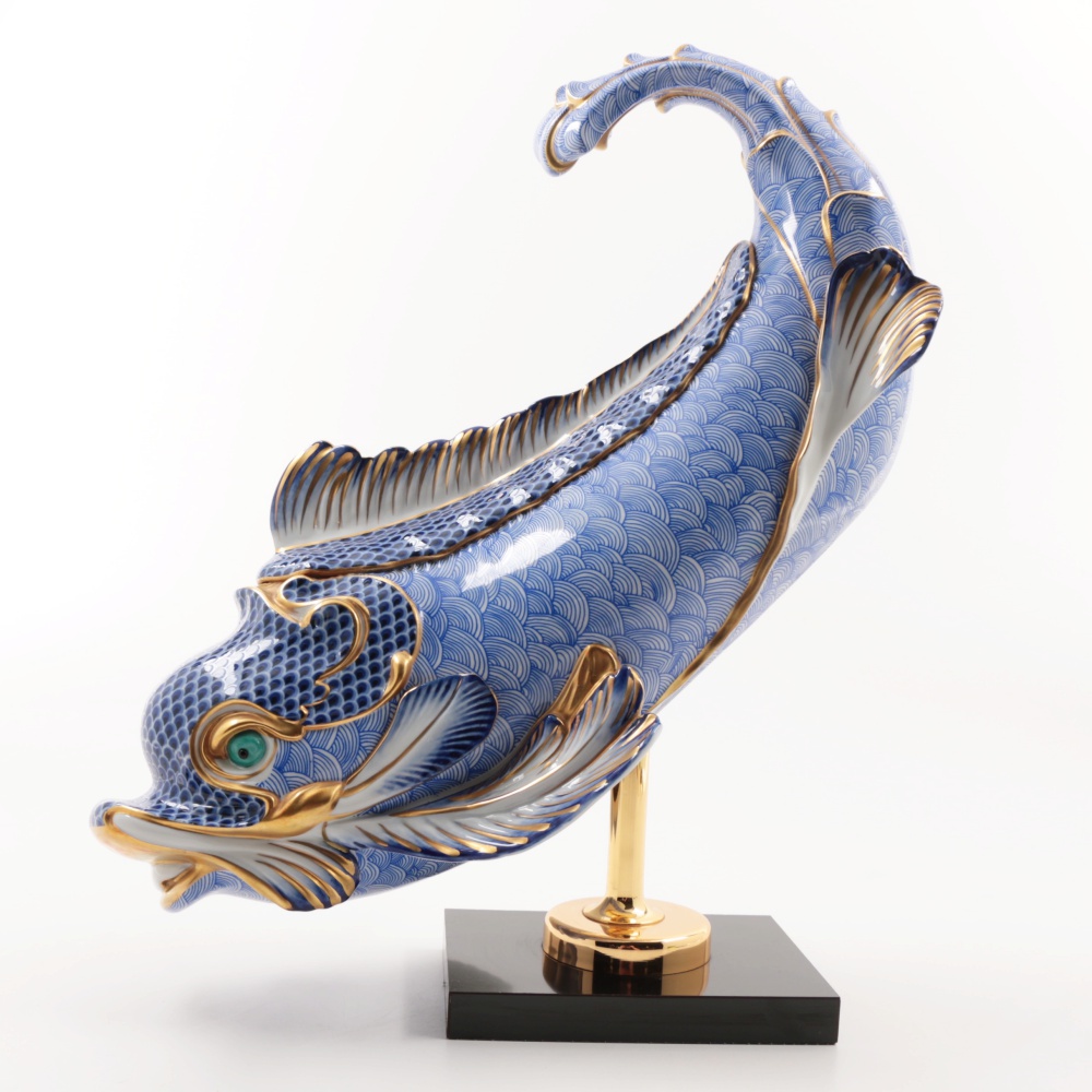 Italian Blue & White Gilt Porcelain Dolphin by Giulia Mangani for Oggetti
