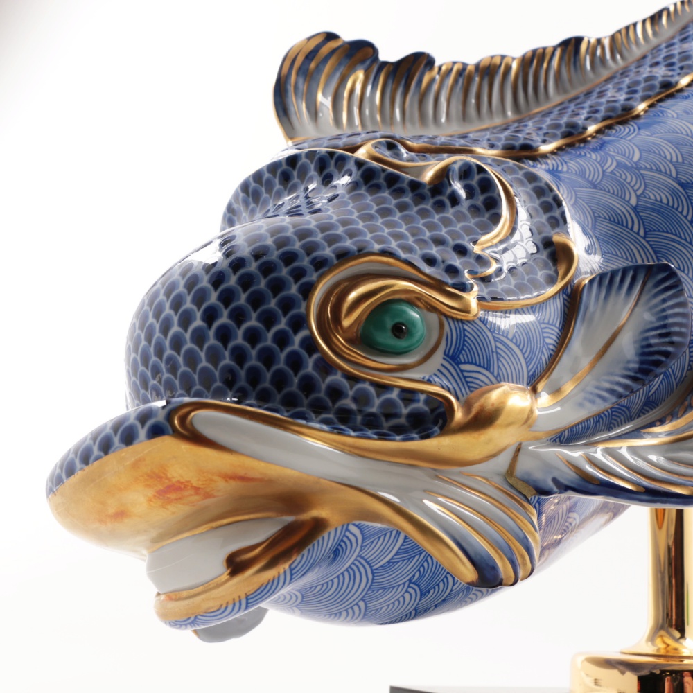 Italian Blue & White Gilt Porcelain Dolphin by Giulia Mangani for Oggetti