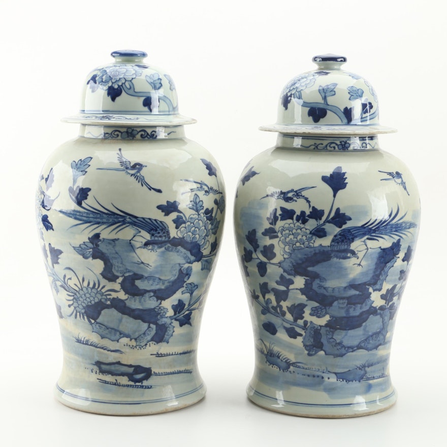 Chinese Hand-Painted Blue and White Flower and Bird Ginger Jars