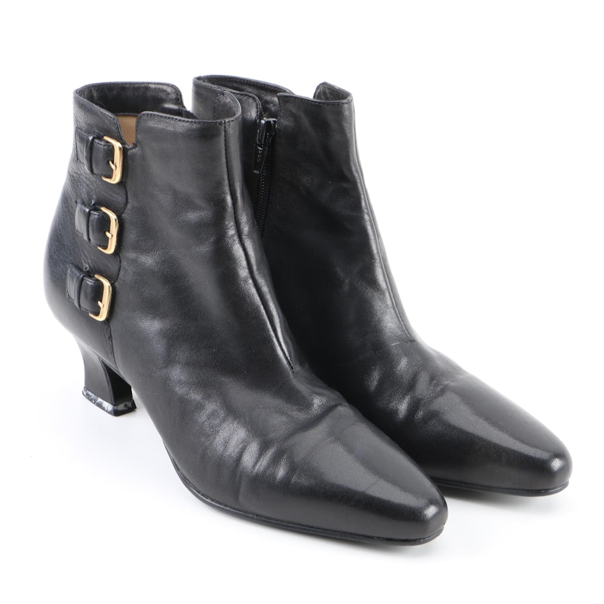 Enzo Angiolini Black Leather Booties with Gold Tone Buckle Accents