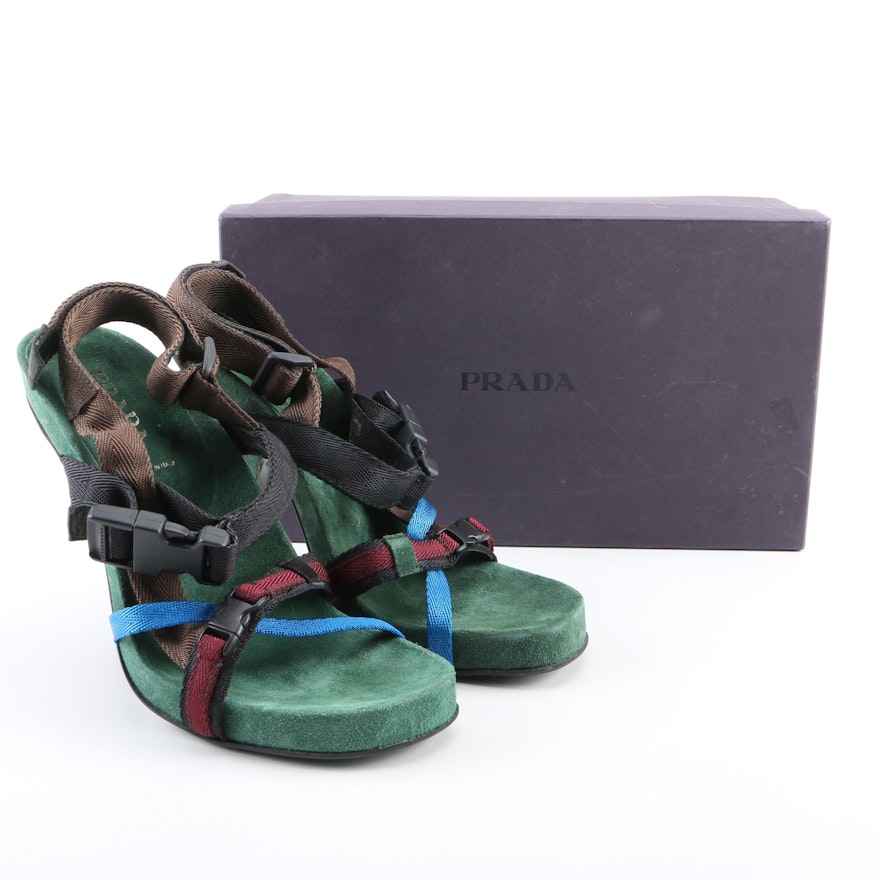 Prada Sample Calzature Donna Sheeza Suede High Heels with Nylon Straps