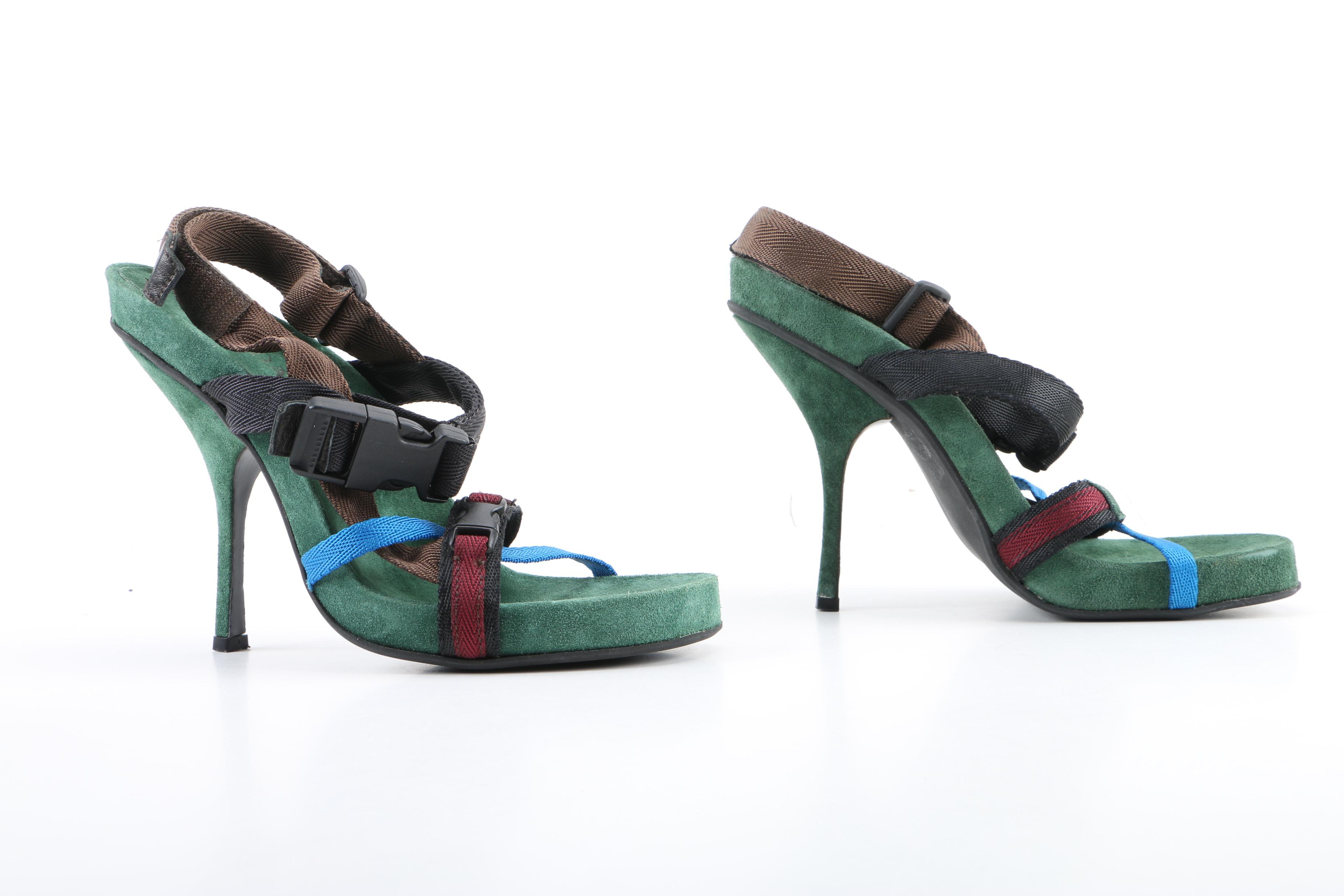 Prada Sample Calzature Donna Sheeza Suede High Heels with Nylon Straps