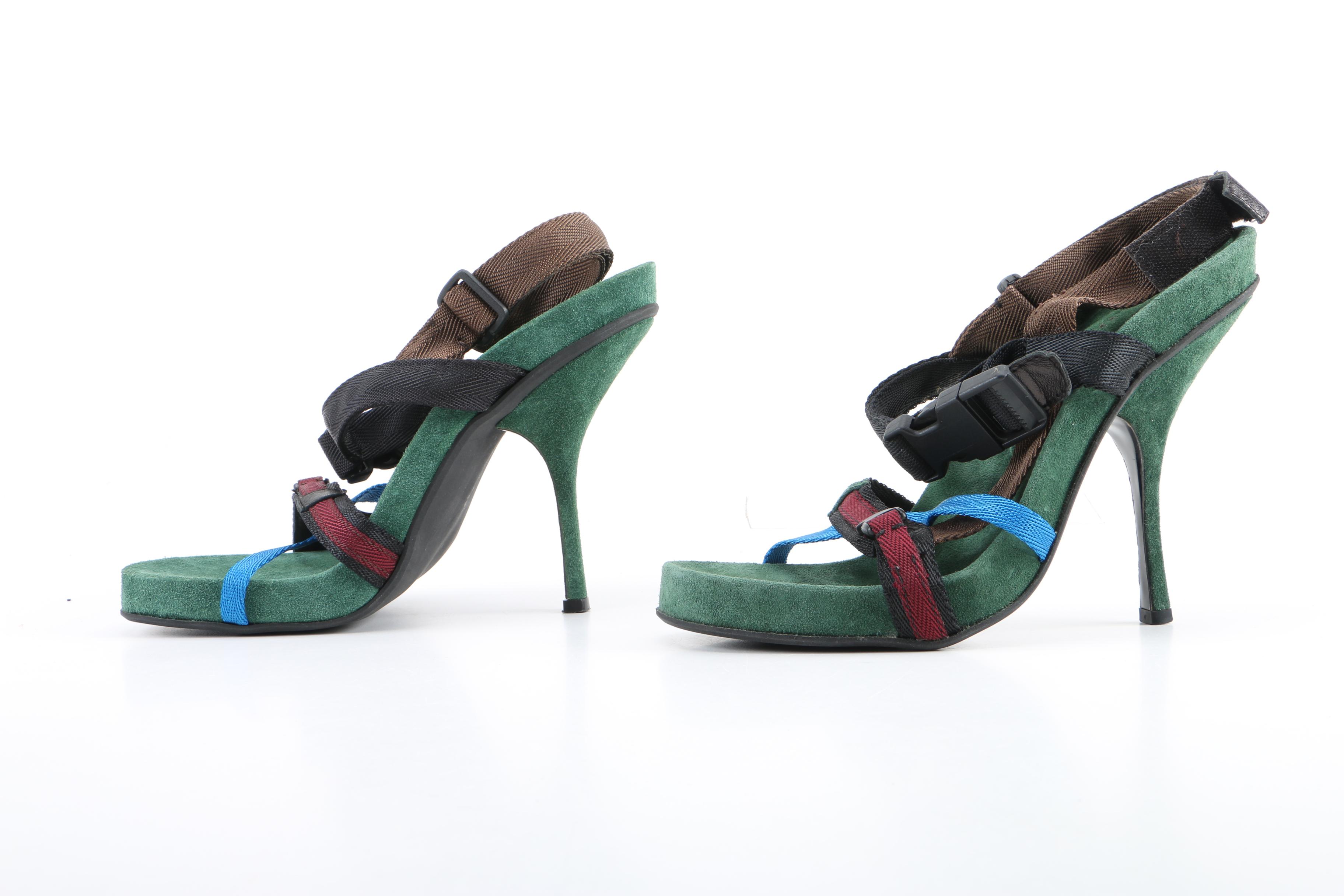 Prada Sample Calzature Donna Sheeza Suede High Heels with Nylon Straps