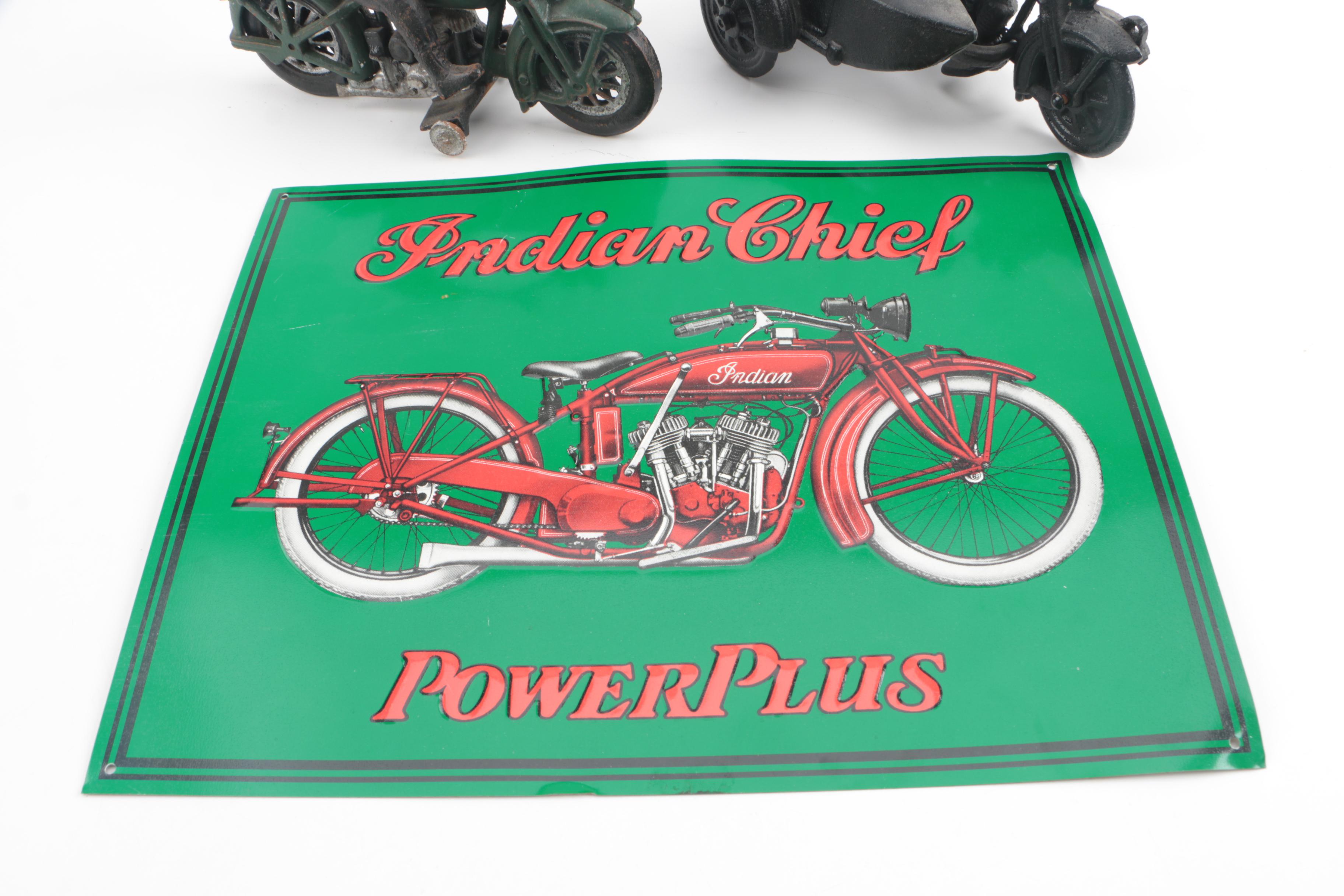 Cast Iron Mortorcycle Figurines and Indian Chief PowerPlus Sign