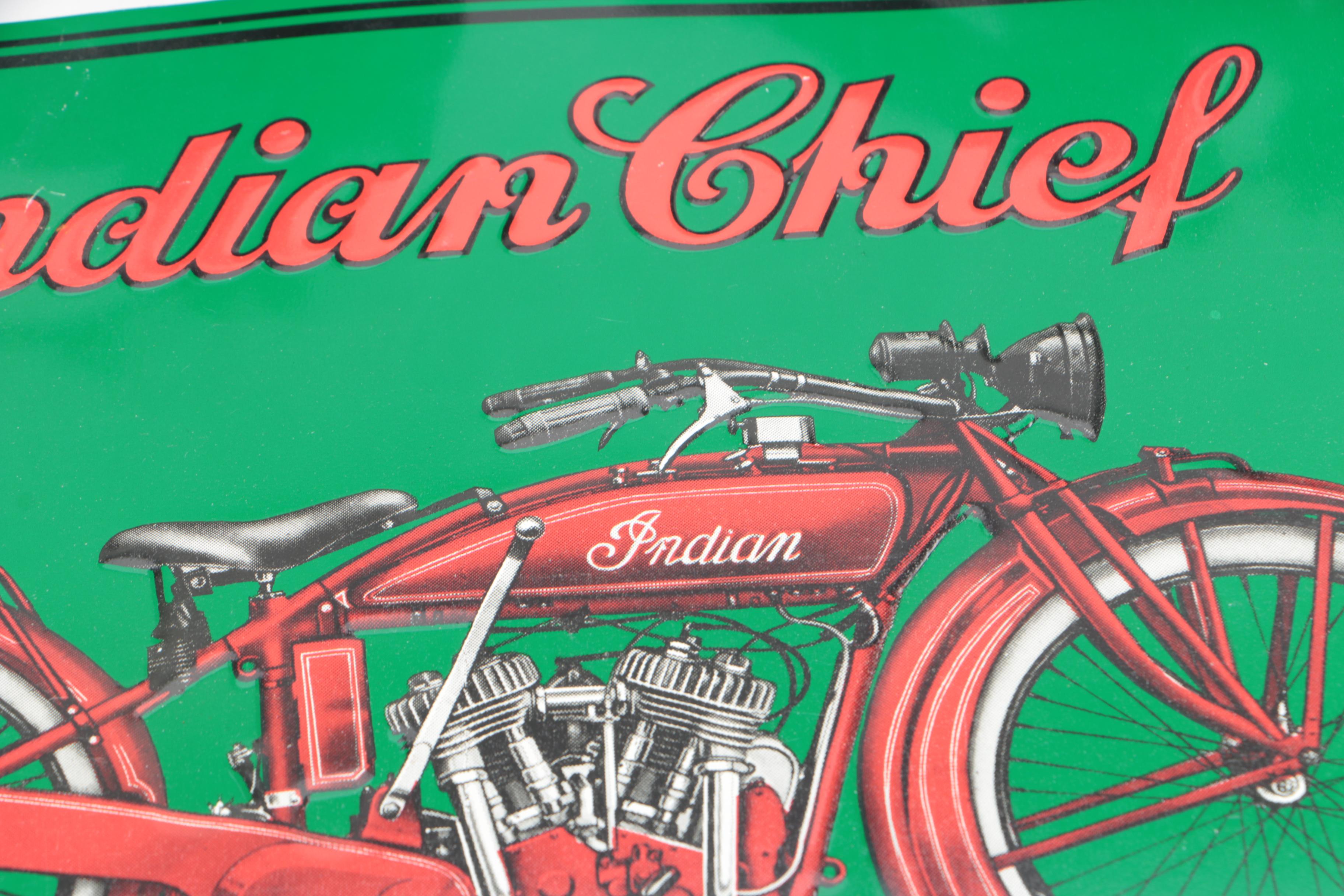 Cast Iron Mortorcycle Figurines and Indian Chief PowerPlus Sign