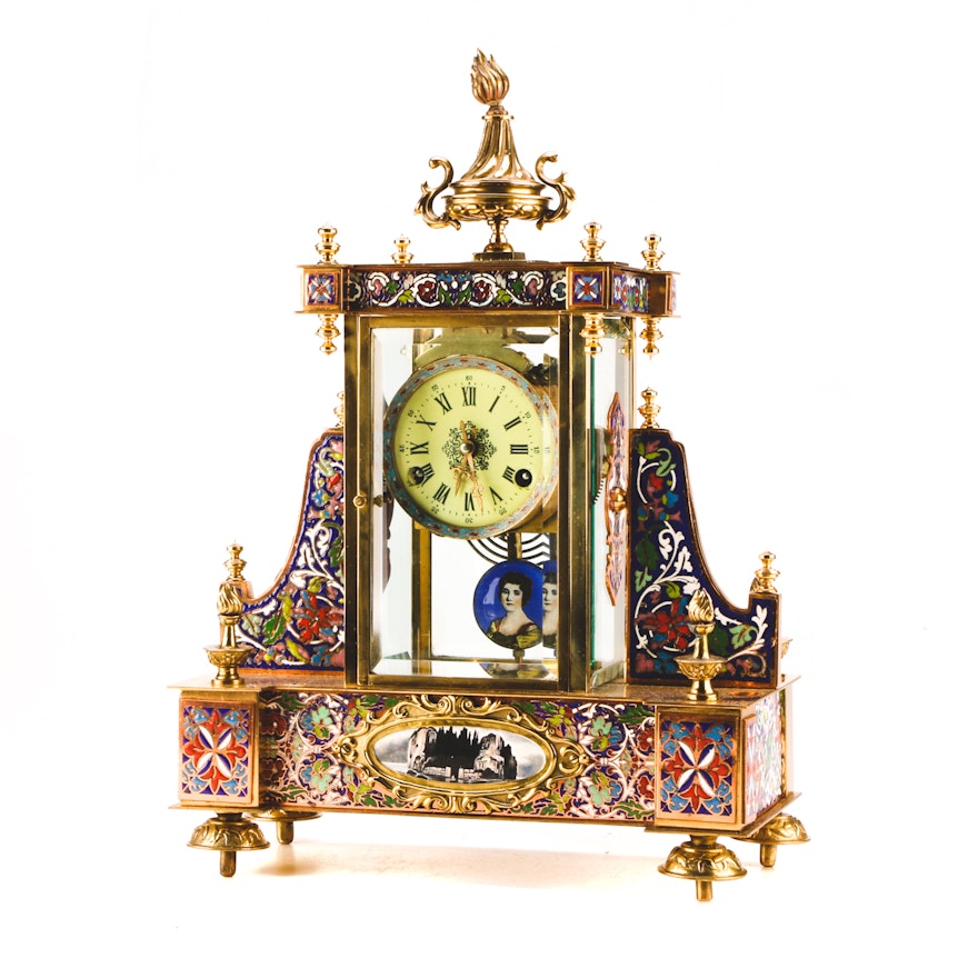 Chinese Champlevé Enamel Mantel Clock