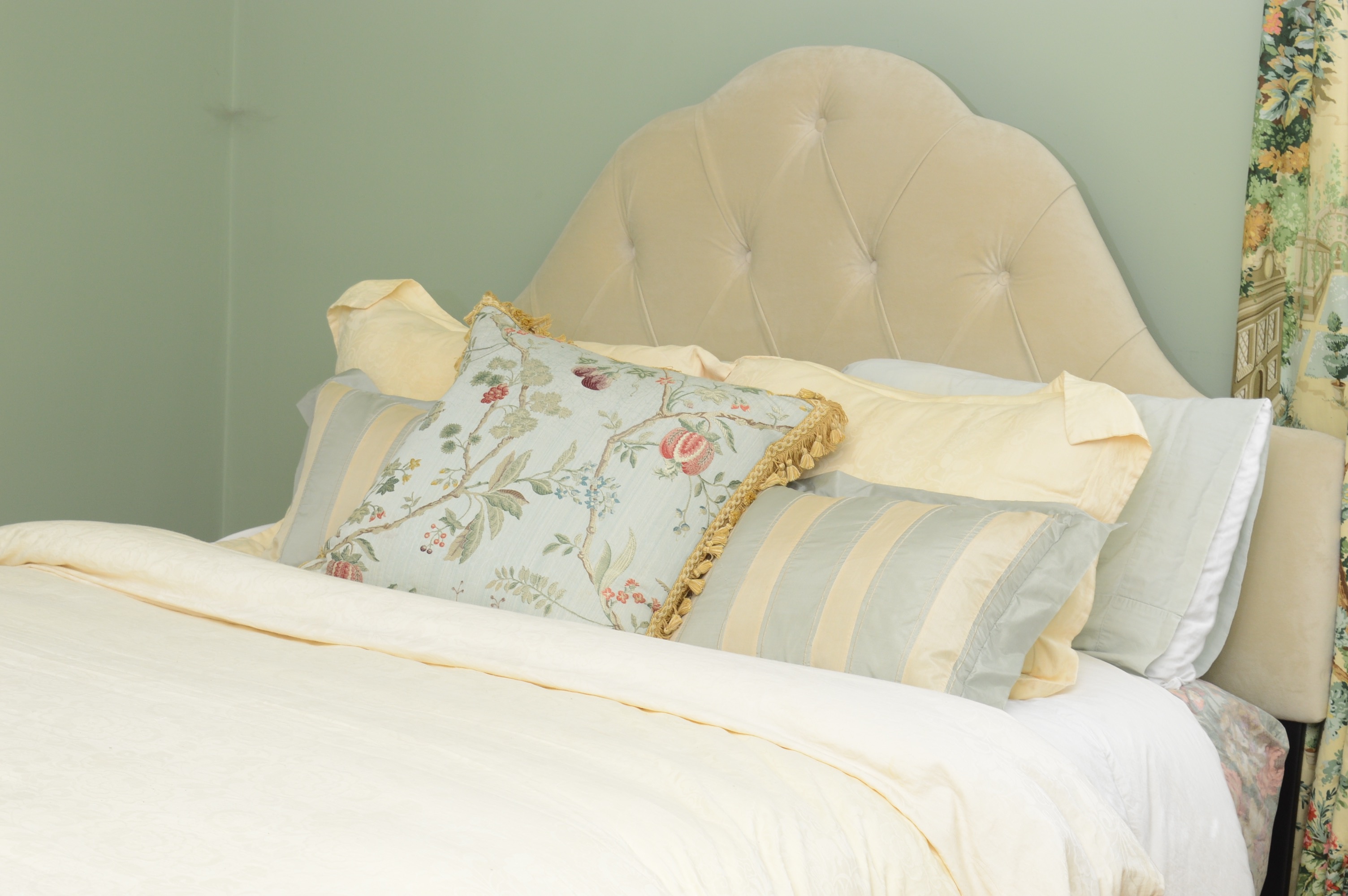 Custom Queen Headboard with Scalamandre Pillow and Luxurious Bedding