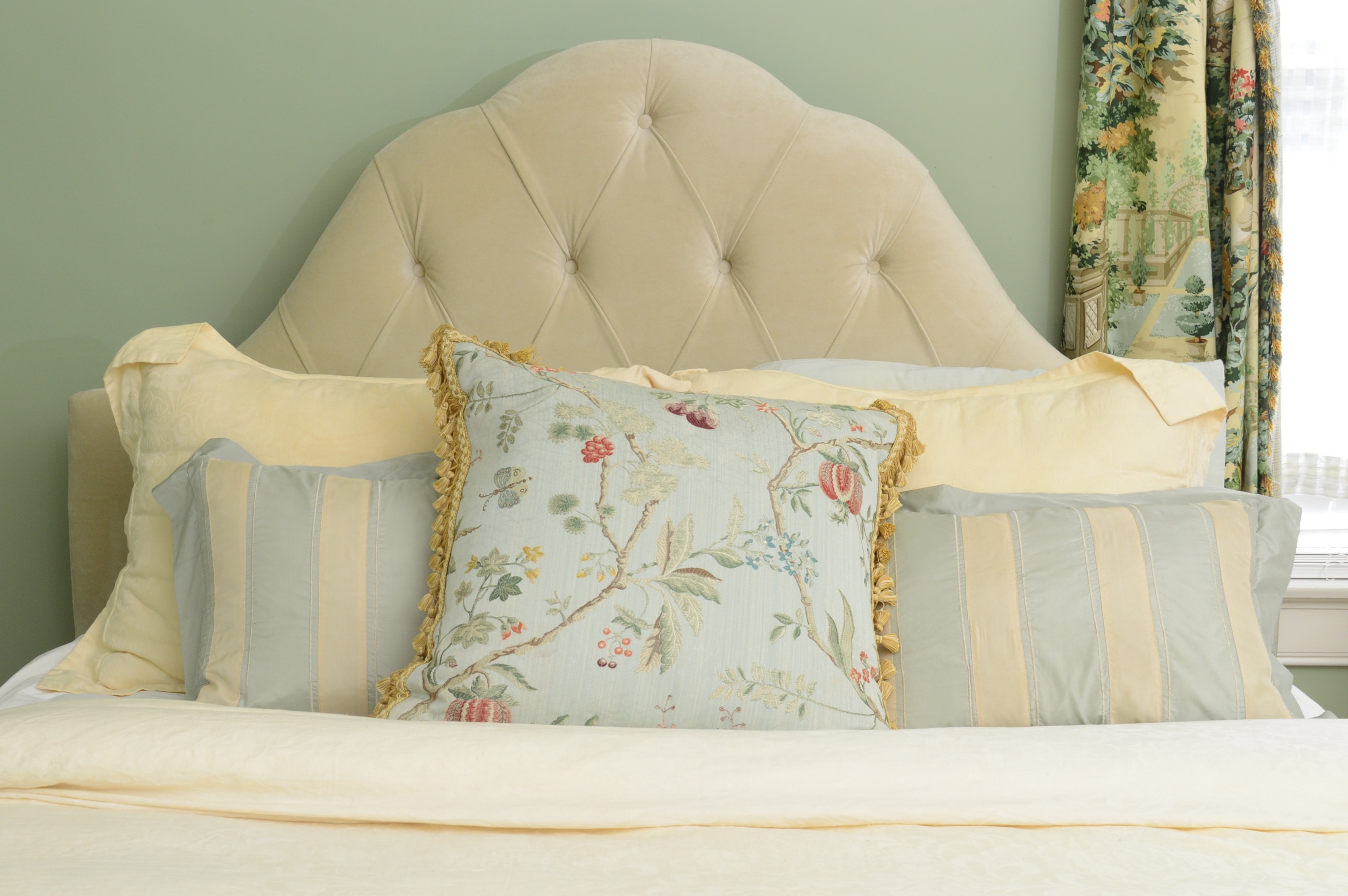 Custom Queen Headboard with Scalamandre Pillow and Luxurious Bedding