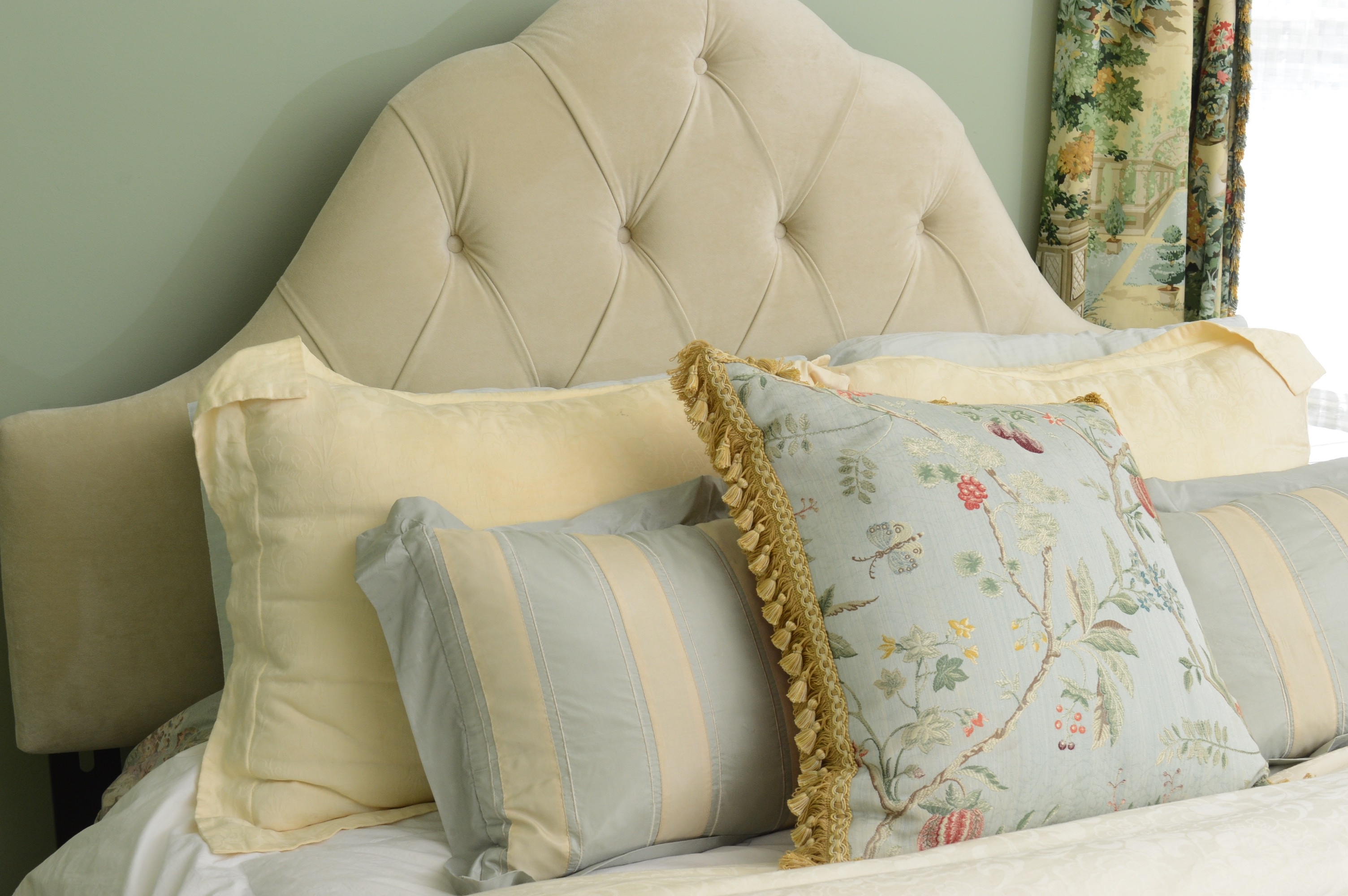 Custom Queen Headboard with Scalamandre Pillow and Luxurious Bedding