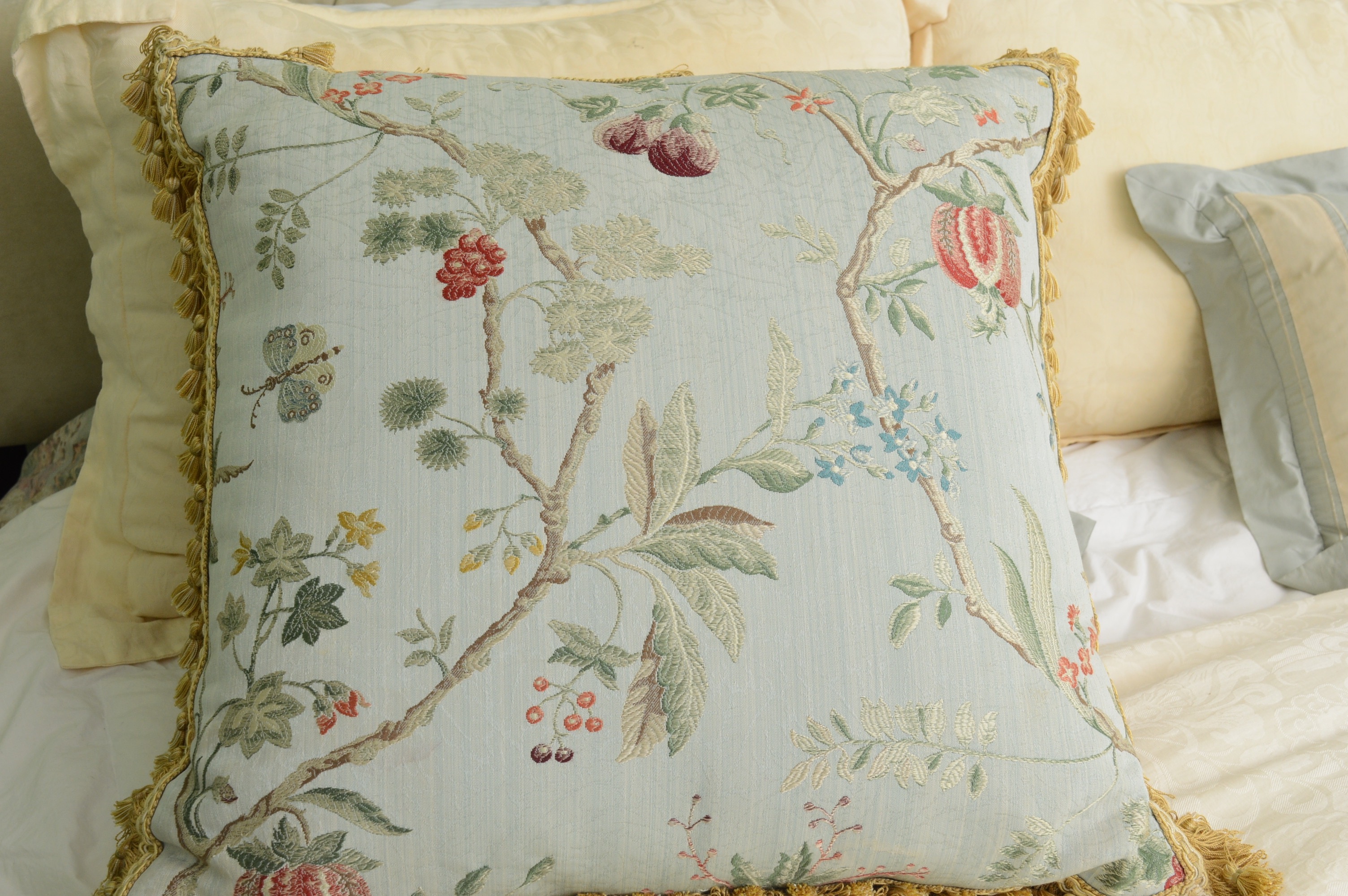 Custom Queen Headboard with Scalamandre Pillow and Luxurious Bedding