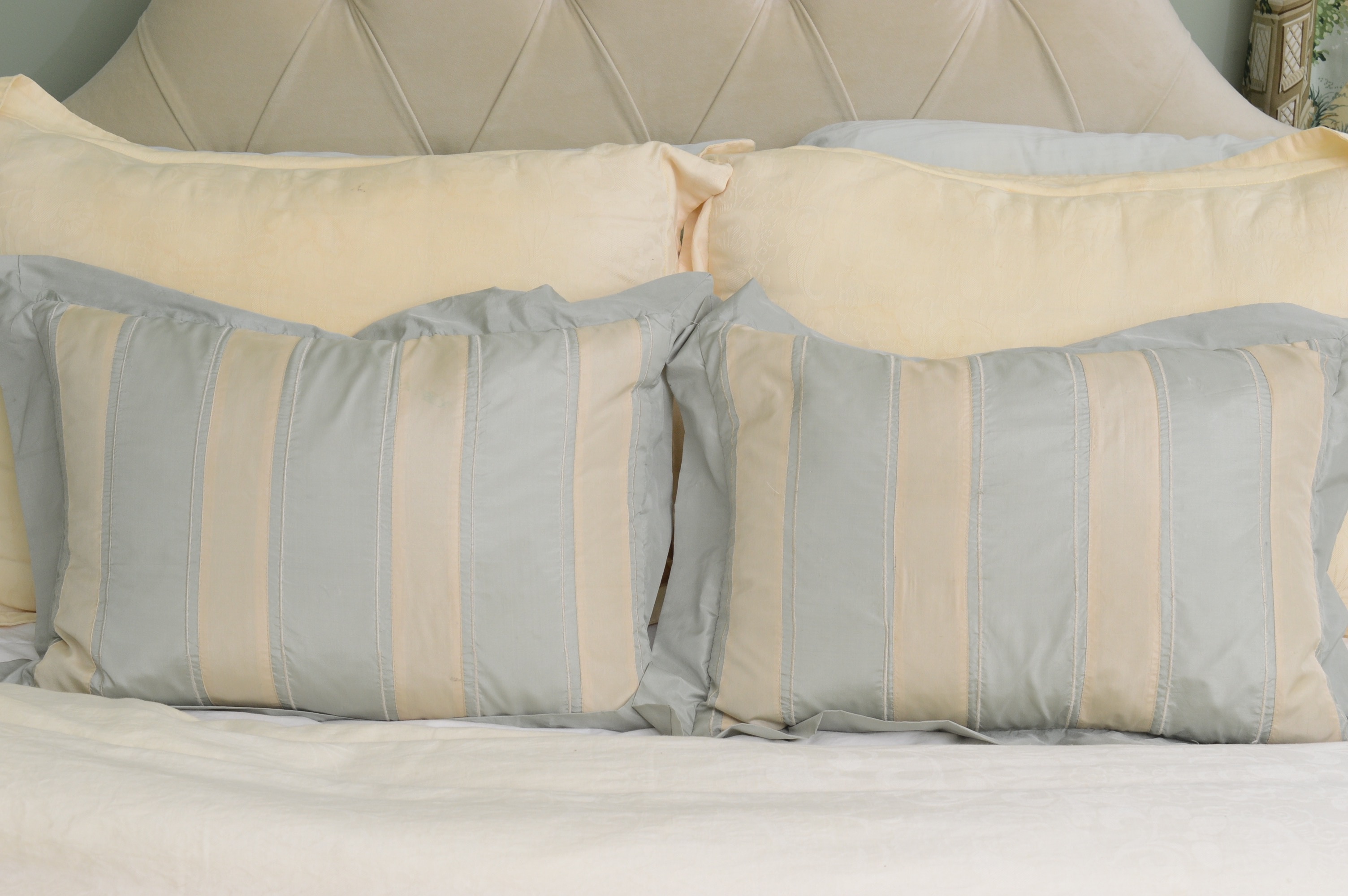 Custom Queen Headboard with Scalamandre Pillow and Luxurious Bedding