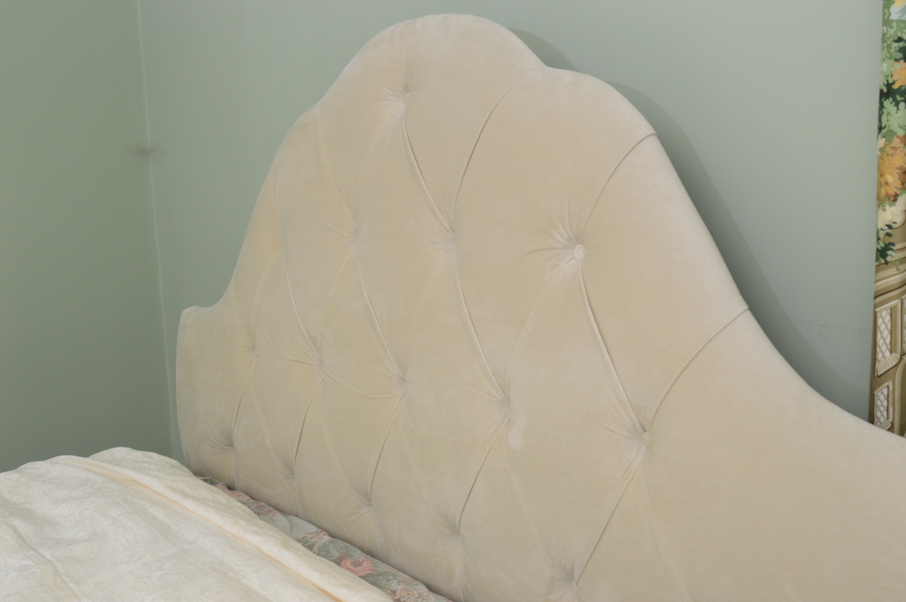 Custom Queen Headboard with Scalamandre Pillow and Luxurious Bedding