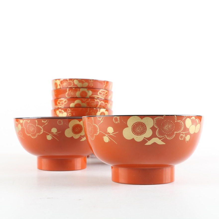 Japanese Floral-Themed Orange Lacquered Bowls