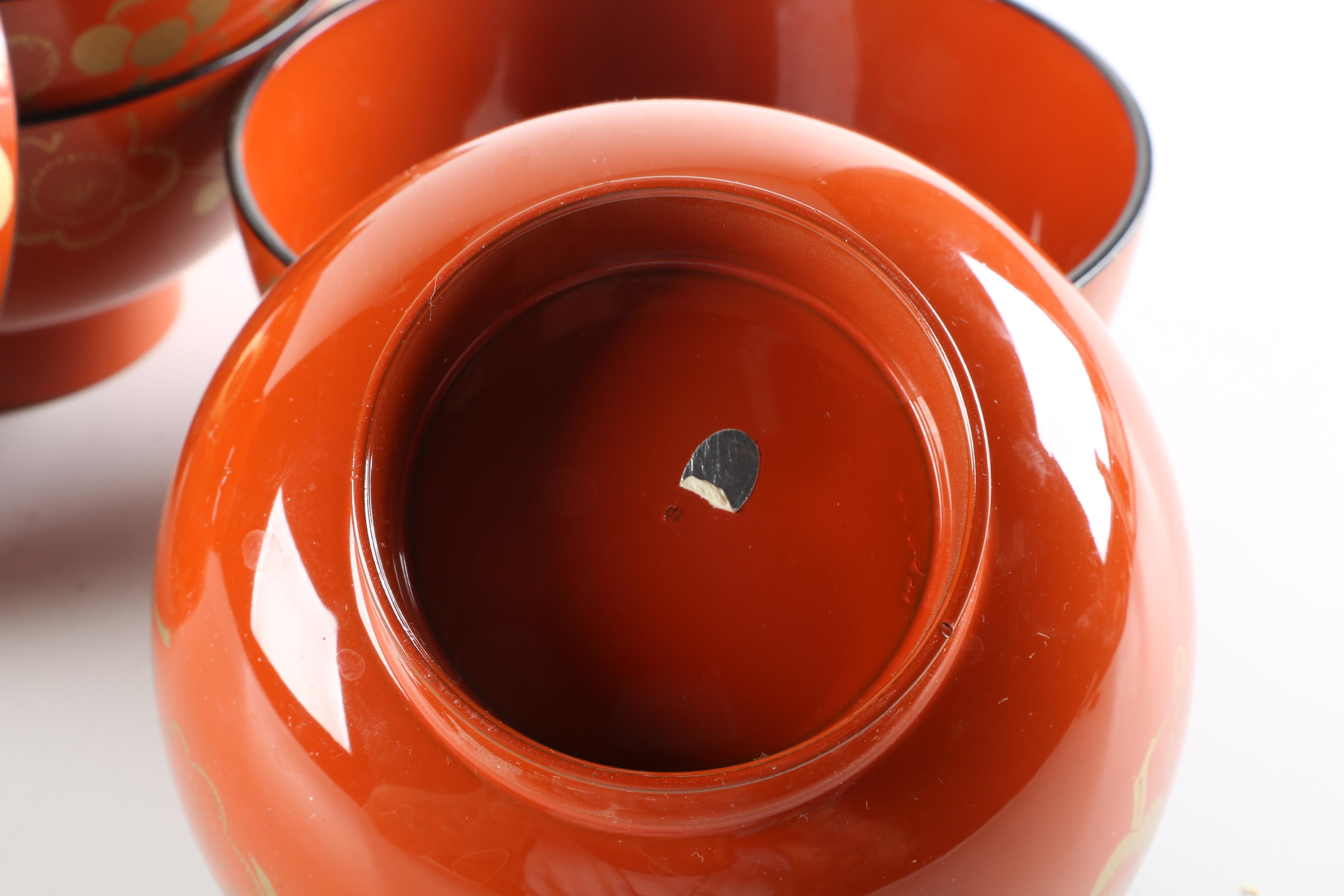 Japanese Floral-Themed Orange Lacquered Bowls