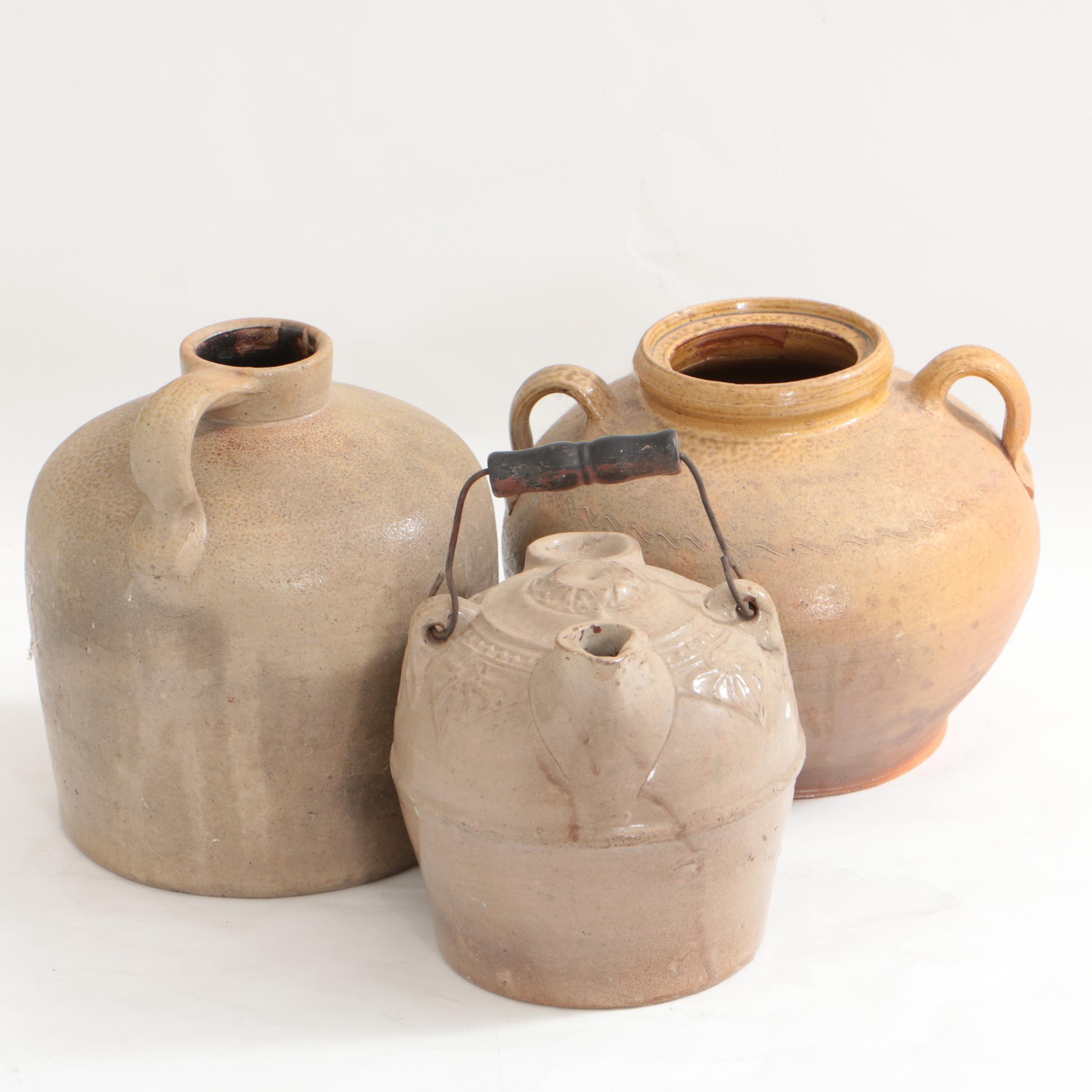 Antique F.H. Weeks Stoneware Syrup Jug, Whiskey Jug and Container