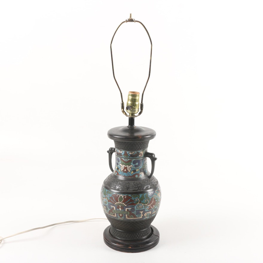 Vintage Japanese Bronze Tone Champlevé with Cloisonné Lamp