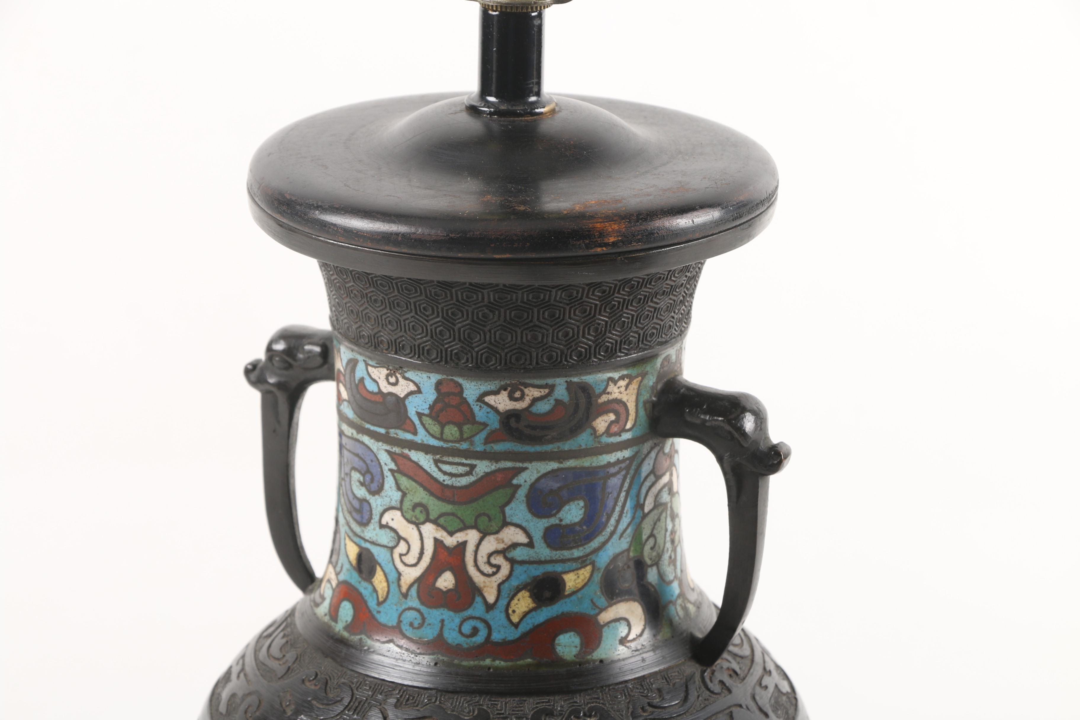 Vintage Japanese Bronze Tone Champlevé with Cloisonné Lamp