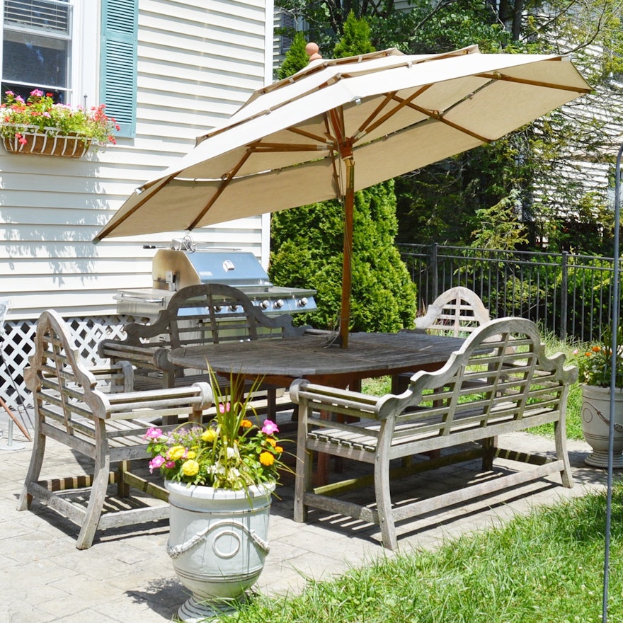 Teak Wood Patio Dining Set with Umbrella and Sunbrella Cushions